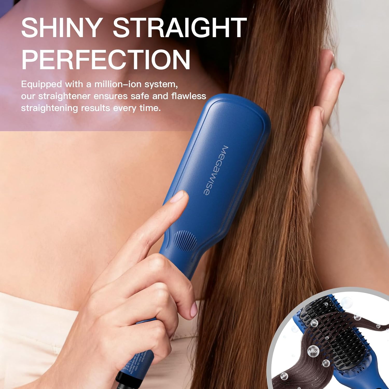 MEGAWISE Pro Ceramic Ionic Hair Straightener Brush for Home Salon | MCH Fast 20s Heating Tech with Auto-Off Safety | Anti-Scald with Universal Dual Voltage | Rotatable Power Cord (Gentian Blue) - Image 6