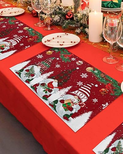 Miniatura 4 de Juego de 4 manteles individuales rojos de Navidad, gnomos de invierno, cardenales, antideslizantes, manteles individuales de copos de nieve,