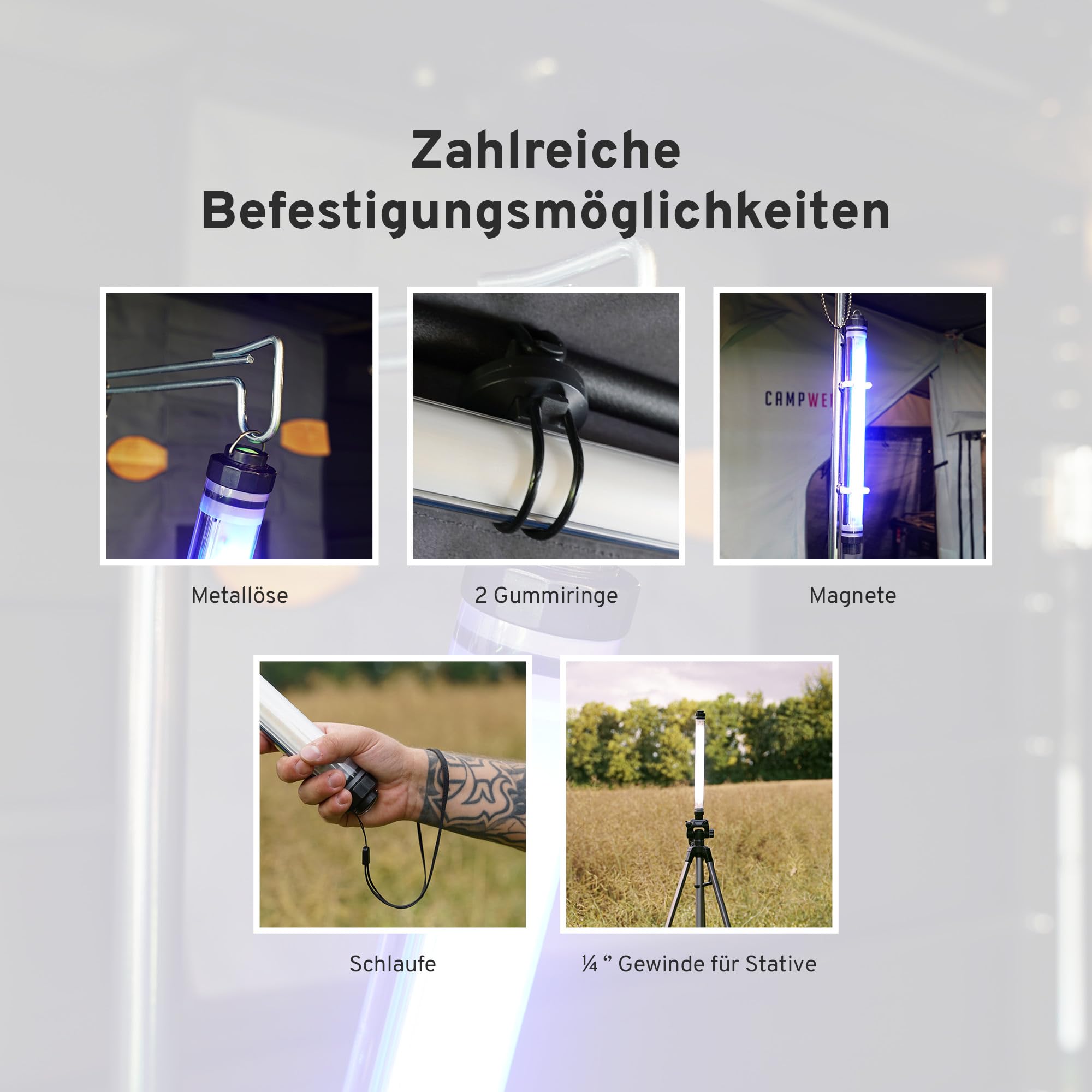 CAMPWERK LED-Camping-Lampe RGB mit Powerbank IP68, Outdoorlampe, multifunktionale Campinglampe, Aufladbar, Helles Licht