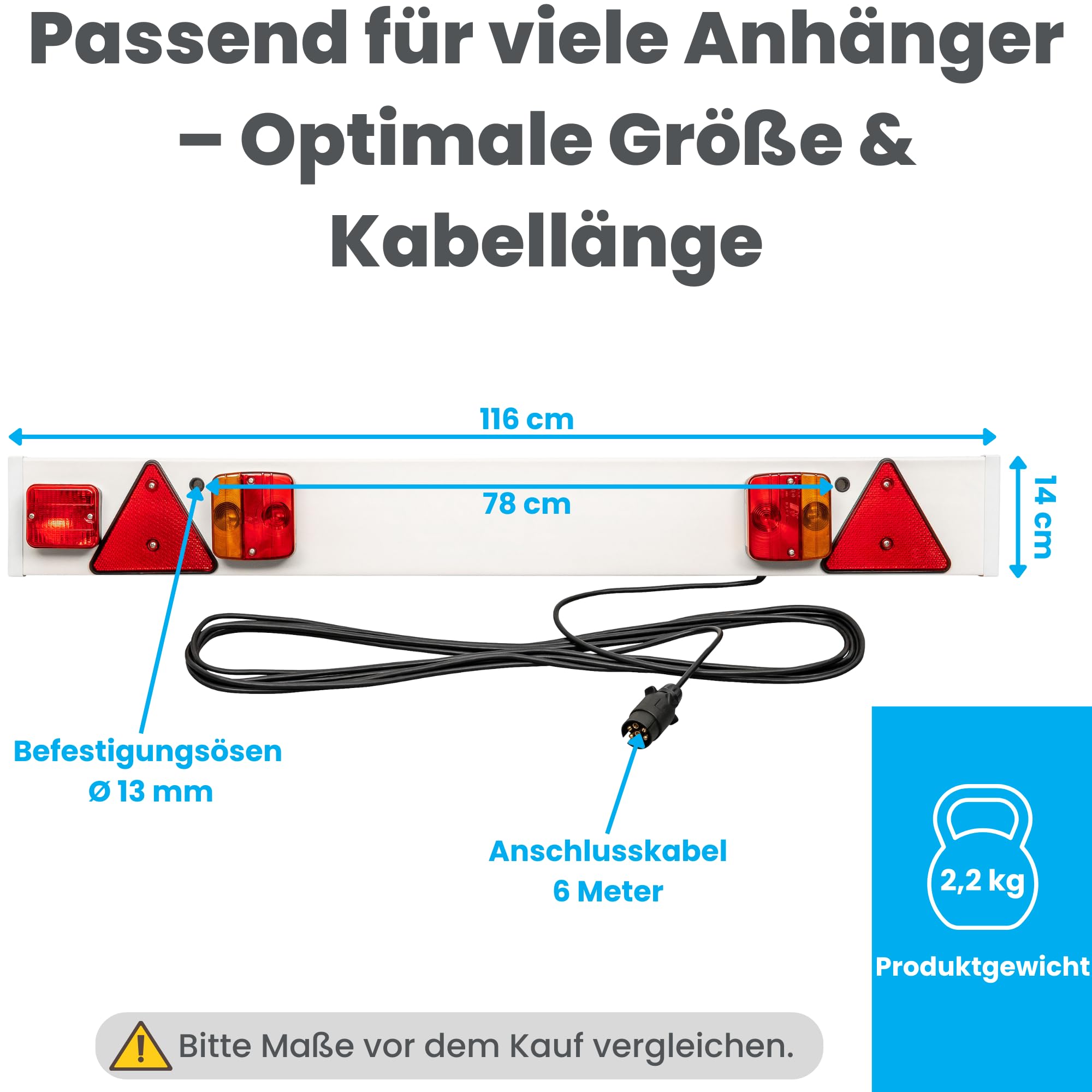 PKW Anhänger Lichtleiste 116x14 cm 12V – 7-poliger Stecker, 6m Kabel, E-Prüfzeichen, Rückleuchten Set mit Nebelschlussleuchte Anhängerbeleuchtung Beleuchtungsbalken
