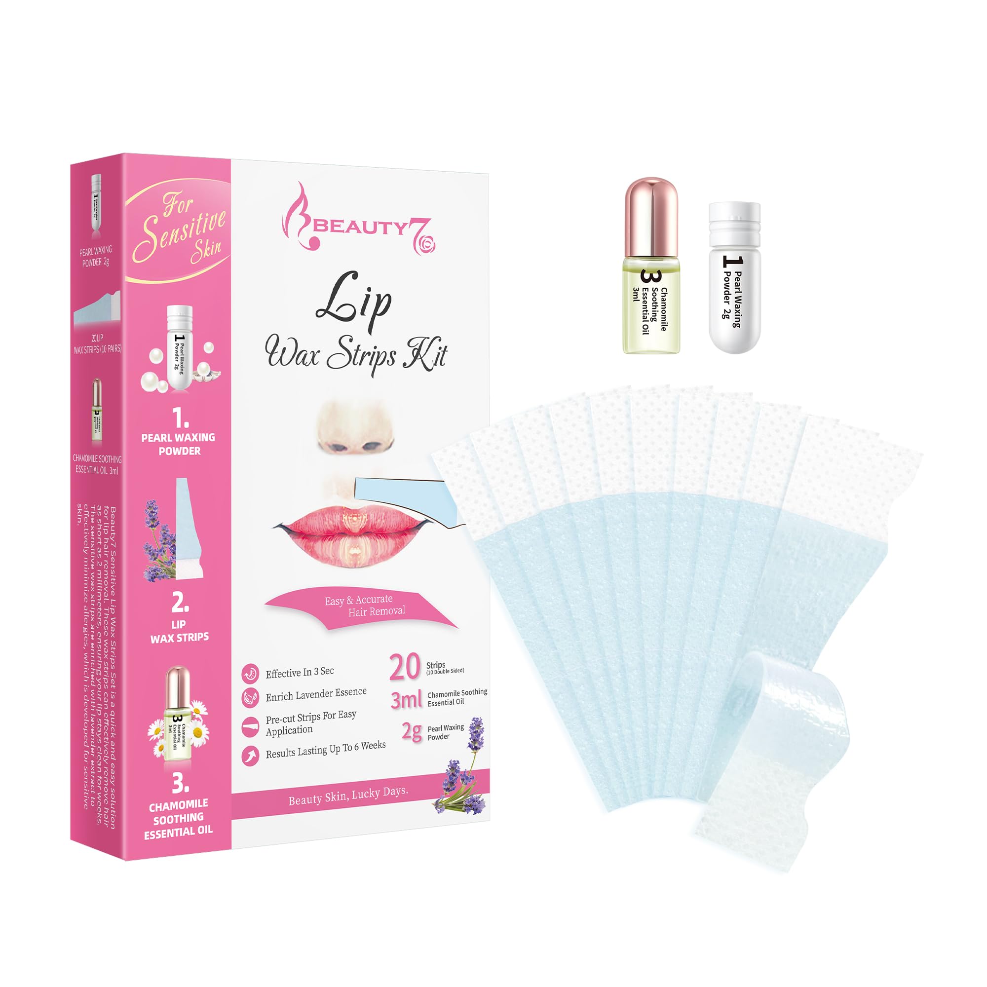 Beauty7Upper Lip Strips for sensitive skin Chin Face Facial Hair Removal for Women Face Wax Strips Lip Hair Cold Wax Strips for silky skin 20 strips wax paper with pearl powder 2g chamomile oil 3ml