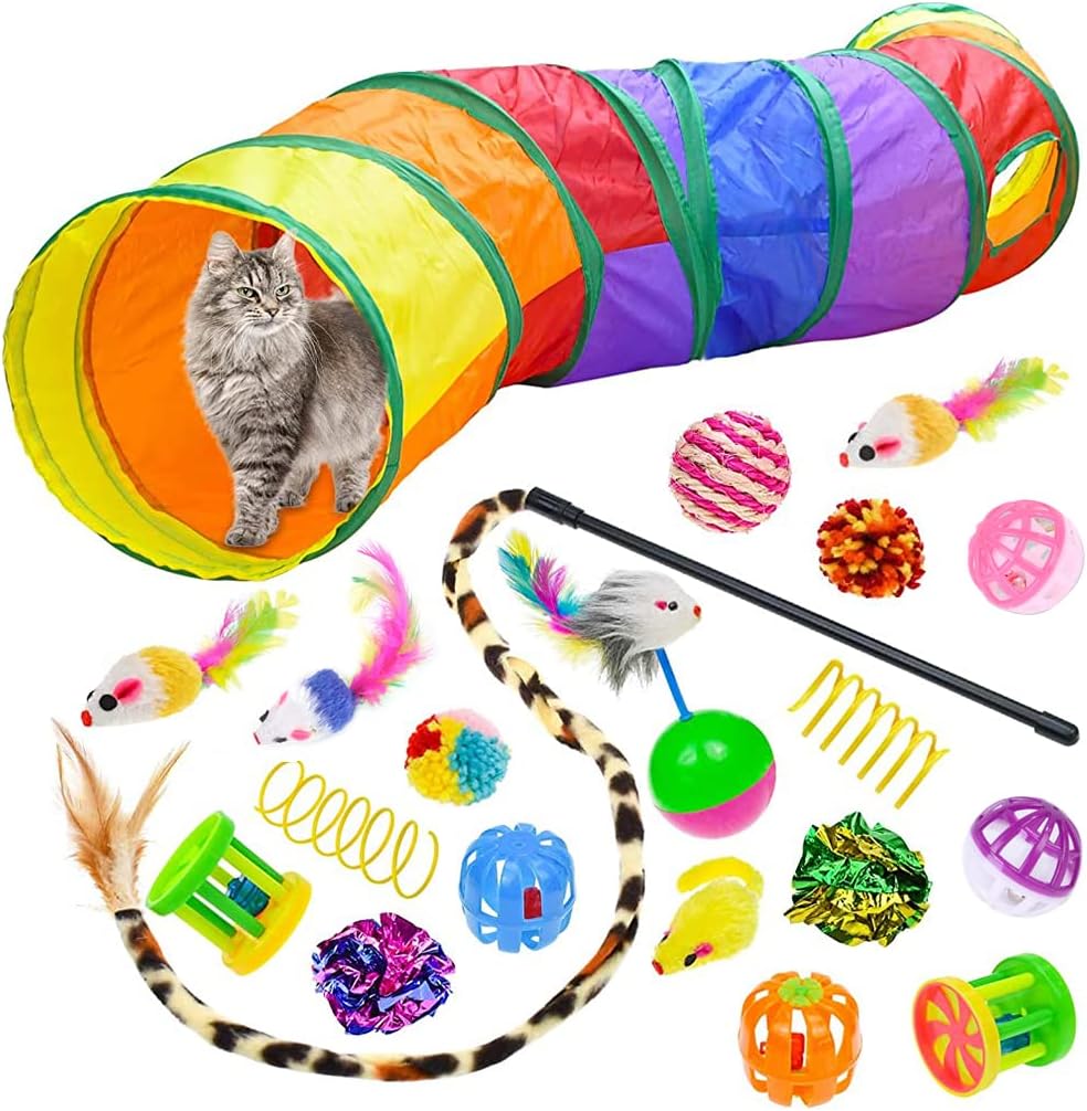 Qpets® 20 PCS Cat Toys Kitten Toys Set, Collapsible Cat Rainbow Tunnels for Indoor Cats, Family Set Cat Teaser Toy Cat Feather Toy Fluffy Mouse Crinkle Balls Toys for Cat Puppy Kitty