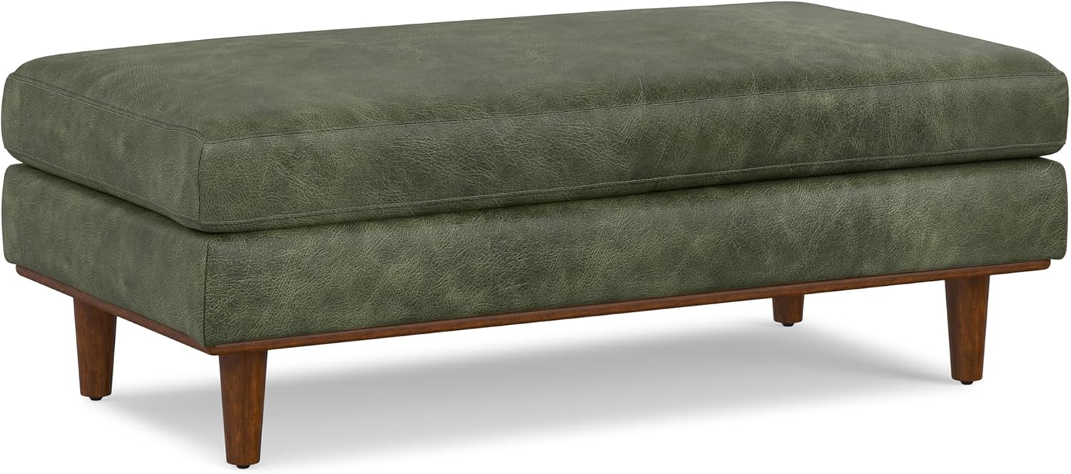 SIMPLIHOME Morrison 49 inch Wide Large Rectangular Ottoman in Moss Green Genuine Leather, Multifunctional Footrest, Coffee Table, and Extra Seating for Living Room, Mid-Century Modern Style