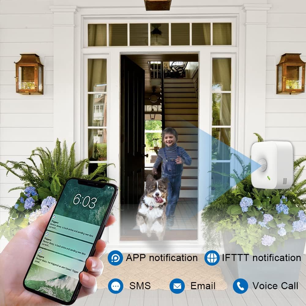 UbiBot MS1P Motion Sensor showing various alert types on a smartphone
