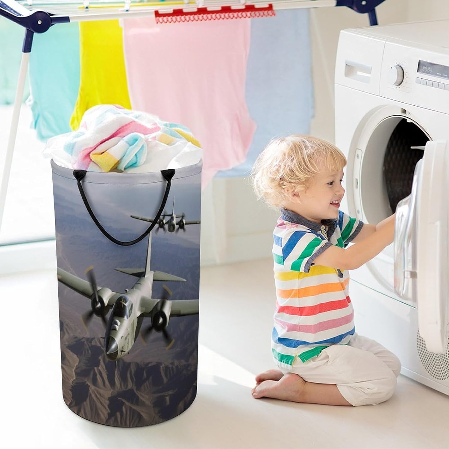 US Army Plane Laundry Basket Freestanding Laundry Hamper with Handles Waterproof Dirty Clothes Hamper Collapsible Washing Bin Aesthetic Clothes Basket for Bathroom Bedroom Dorm