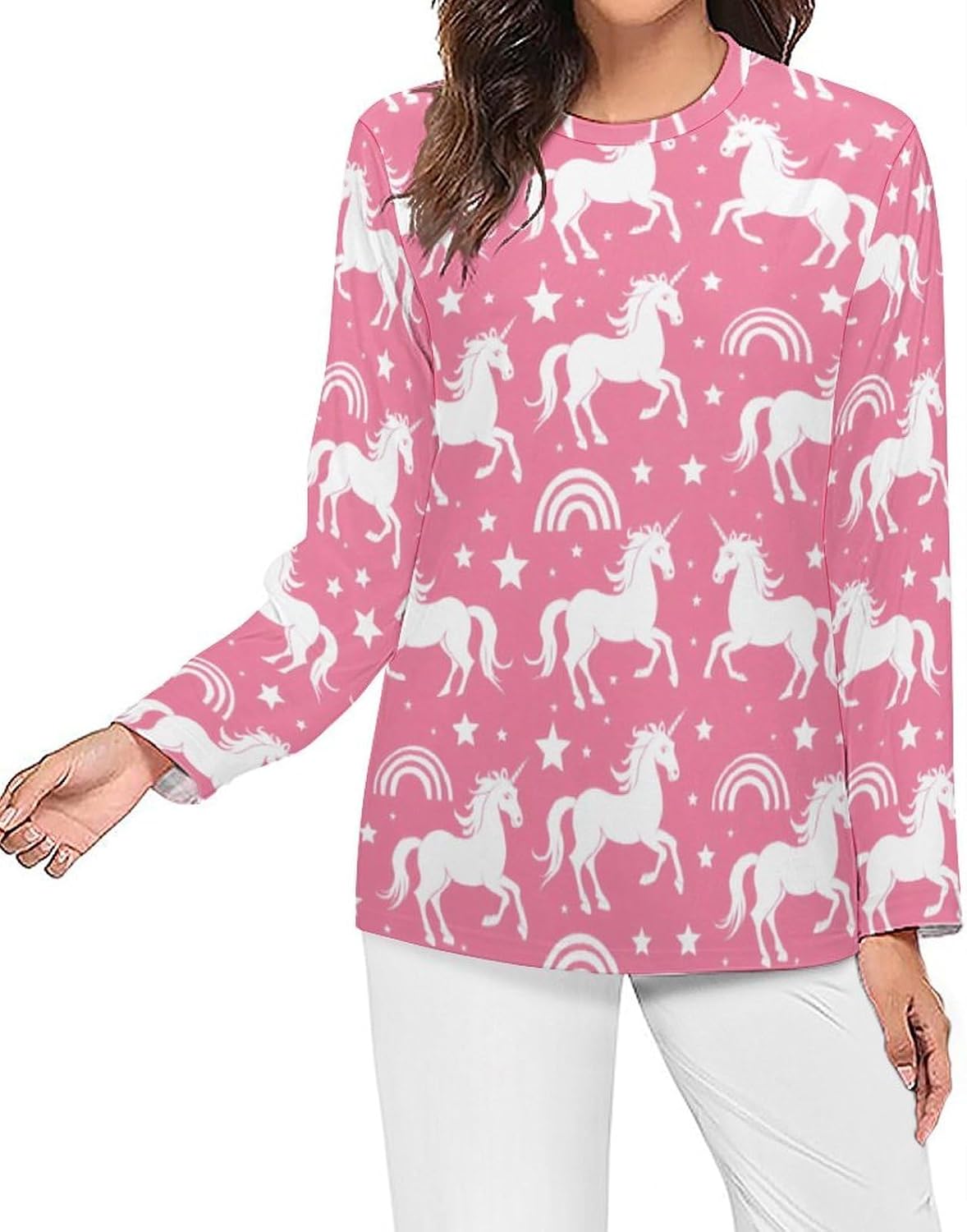 Uni-corn-s Rainbow Women's Pajama Top Sleepwear Pajamas Sleep T-Shirt Long Sleeve Shirt Crewneck Tee