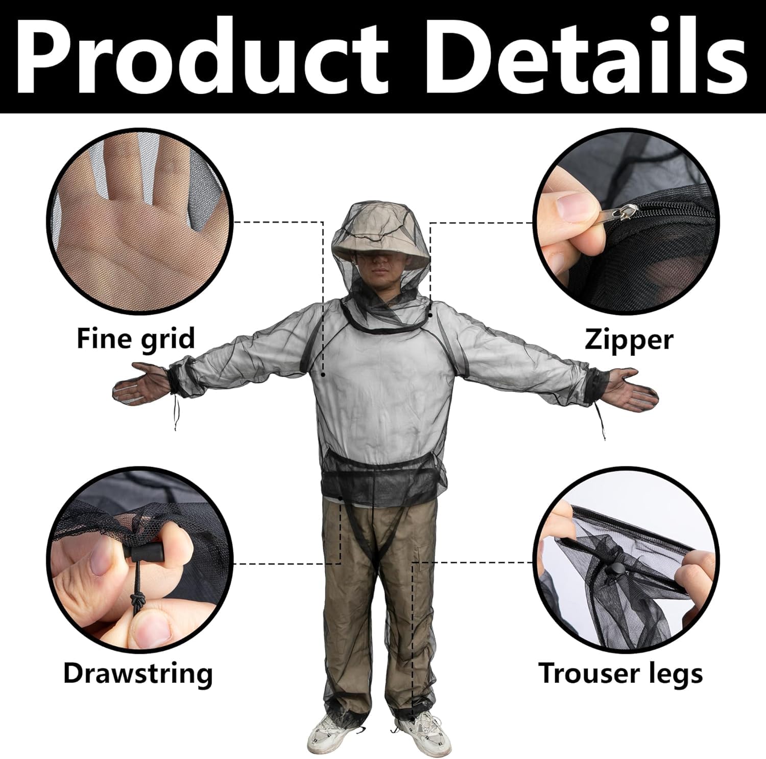 Mückenschutz Kleidung- Insektenjacke und Hose- Anti Moskitonetz Anzug- Mesh Insektenschutz Kleidung mit Handschuhe for Outdoor Protection From Bugs, Fliegen, Gnats, No-See-Ums & Midges
