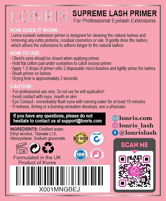 Eyelash Extension Primer - 30% BETTER RETENTION - Lonris Cleanser 15 ml/Protein Oil Remover/Increase Adhesive Bonding Power/Pre-treatment for Individual Semi-Permanent Extensions Glue Supplies