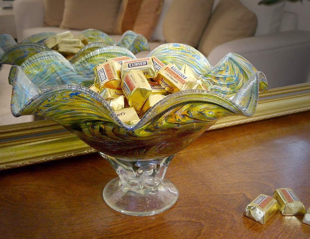 American Hand-Blown Fluted Art Glass Pedestal Bowl in Blue Green Peacock