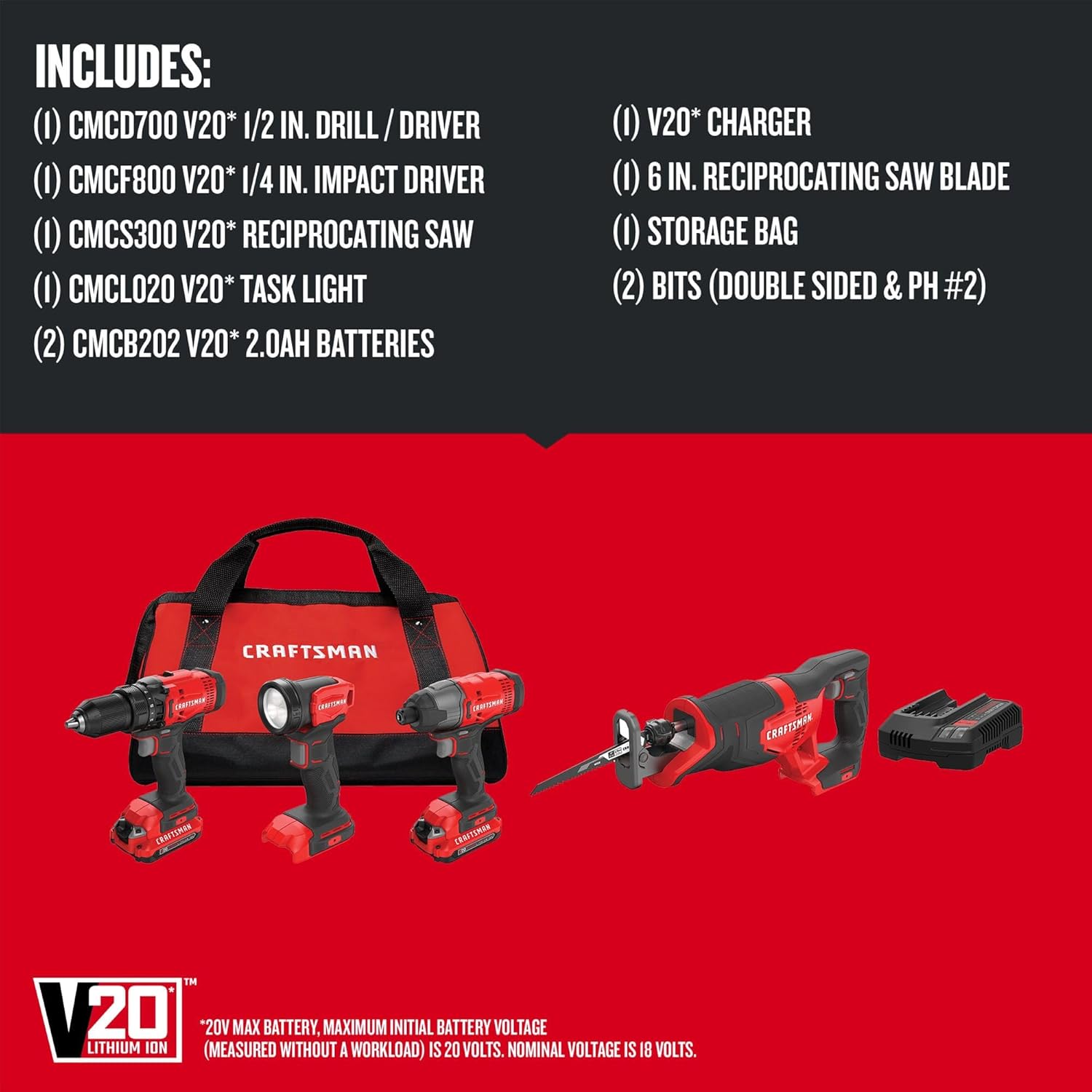 CRAFTSMAN V20 Cordless 4-Tool Power Tool Combo Kit with 2 Batteries and Charger (CMCK400D2)