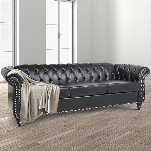 Sofá de cuero de 85 pulgadas de ancho, sofá Chesterfiled con brazos enrollados, sofá de 3 plazas con botones para sala de estar, dormitorio, sala de