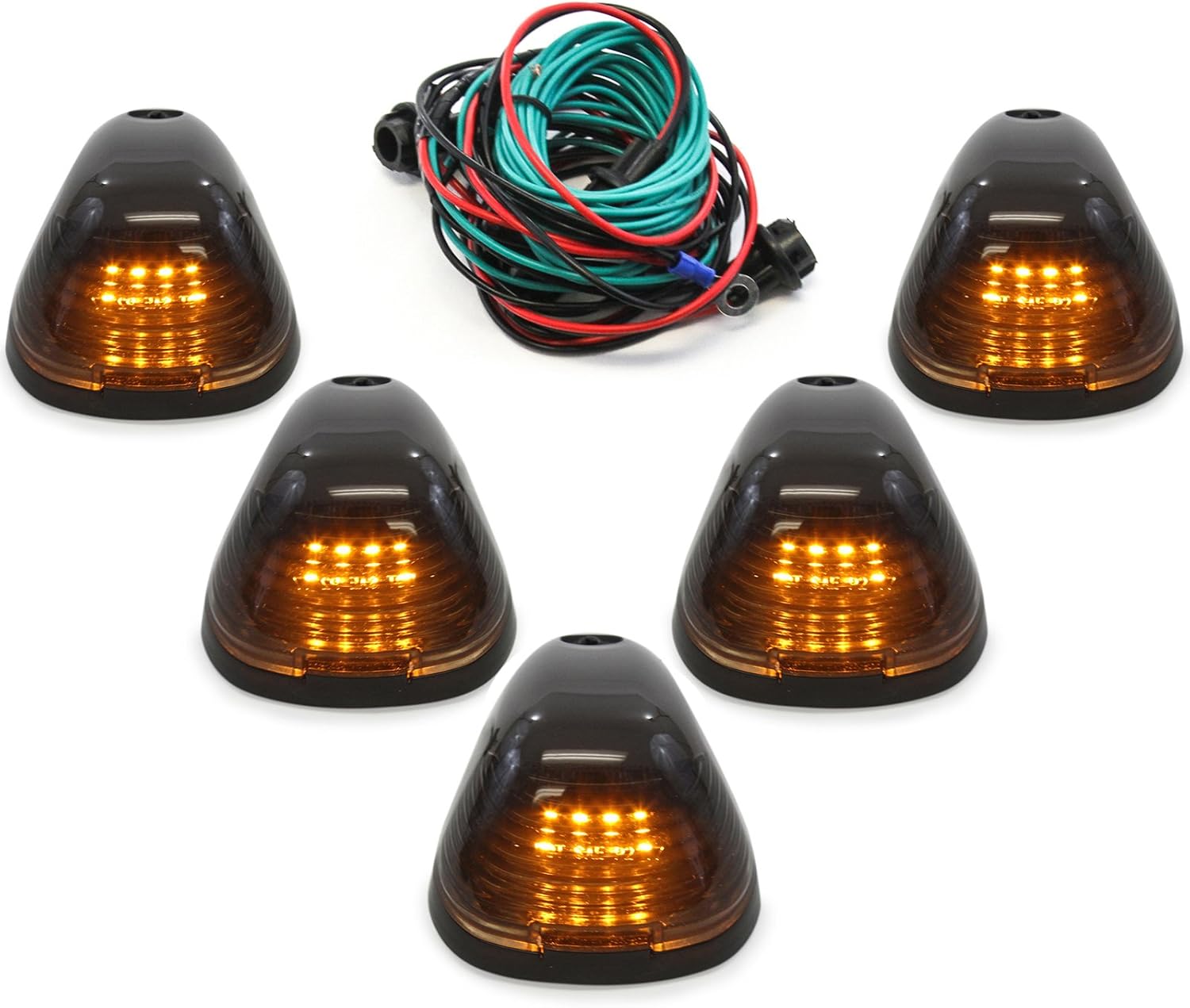 Red Hound Auto Compatible with Ford Super Duty 1999-2016 5-Piece Smoked Lens Amber LED Cab Roof Running Marker Light Set Complete Kit with Wiring Harness