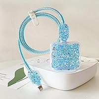 Vista 6 de CameCosy Protector de cable de lujo compatible con cargador de iPhone, diseño de borde ondulado con purpurina, funda USB de línea de datos, Azul