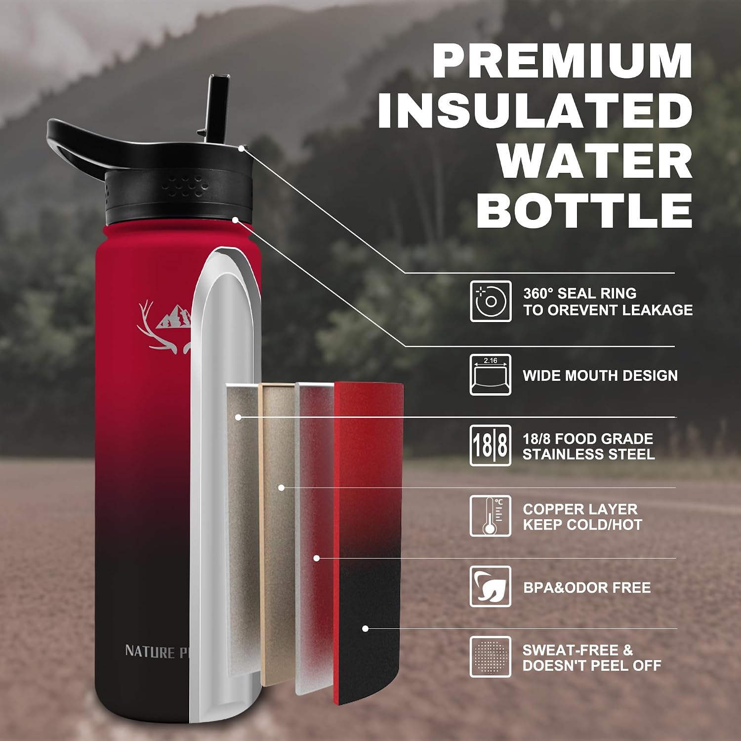 NATURE PIONEOR 24 oz Insulated Water Bottle - Double Vacuum Stainless Steel Water Bottle with Holder & 3 Leakproof, BPA Free Bottle Lid, 24oz Water Bottle for Hiking, Sport, Gym