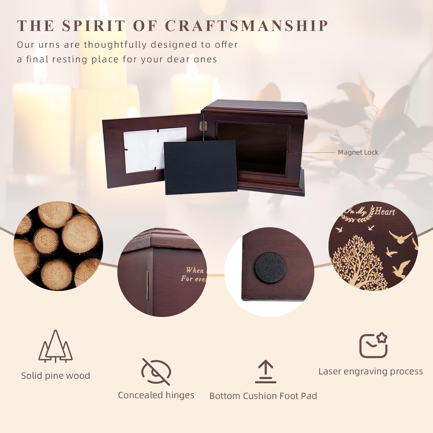 Cremation Urns for Human Ashes, Wooden Urn for Ashes Adult Male Female, Wooden Picture Frame Urns Box and Casket, Funeral Memorial Urns Box, Men Women Child, Holds 255 lbs (Walnut) - Image 4