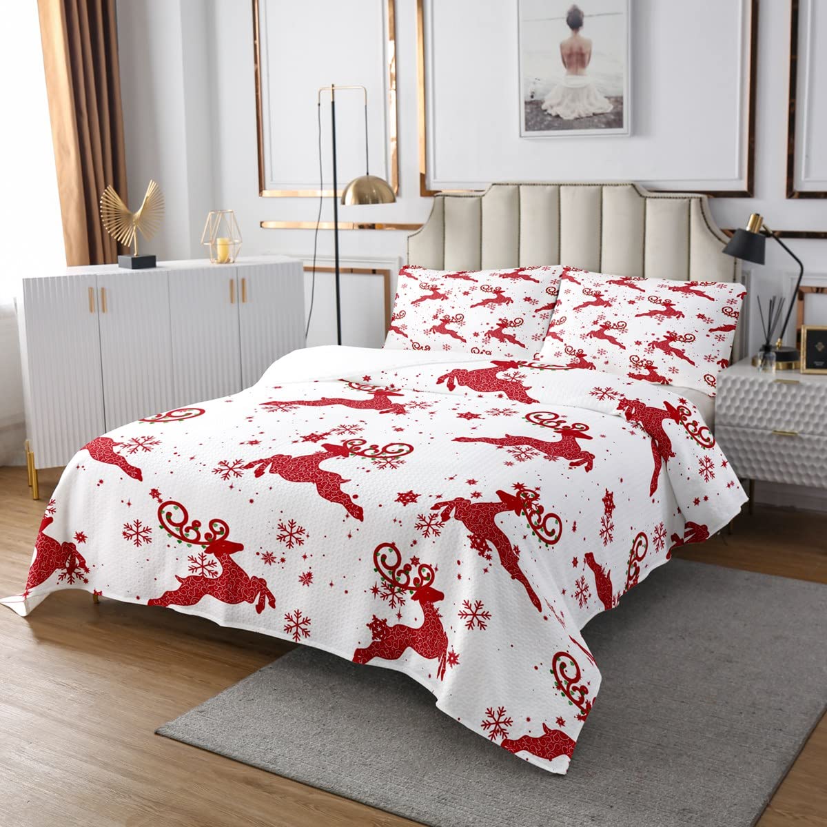 Weihnachts Tagesdecke Für Kinder Jungen MäDchen Weiß Rotes Hirsch Rentier Tagesdecke Set 240 x 260 Weihnachts Schneeflocken Kunst Tagesdecke Quilt-Set Weihnachtsdekor Gesteppt mit 2 Kissenbezüge Küche, Haushalt & Wohnen