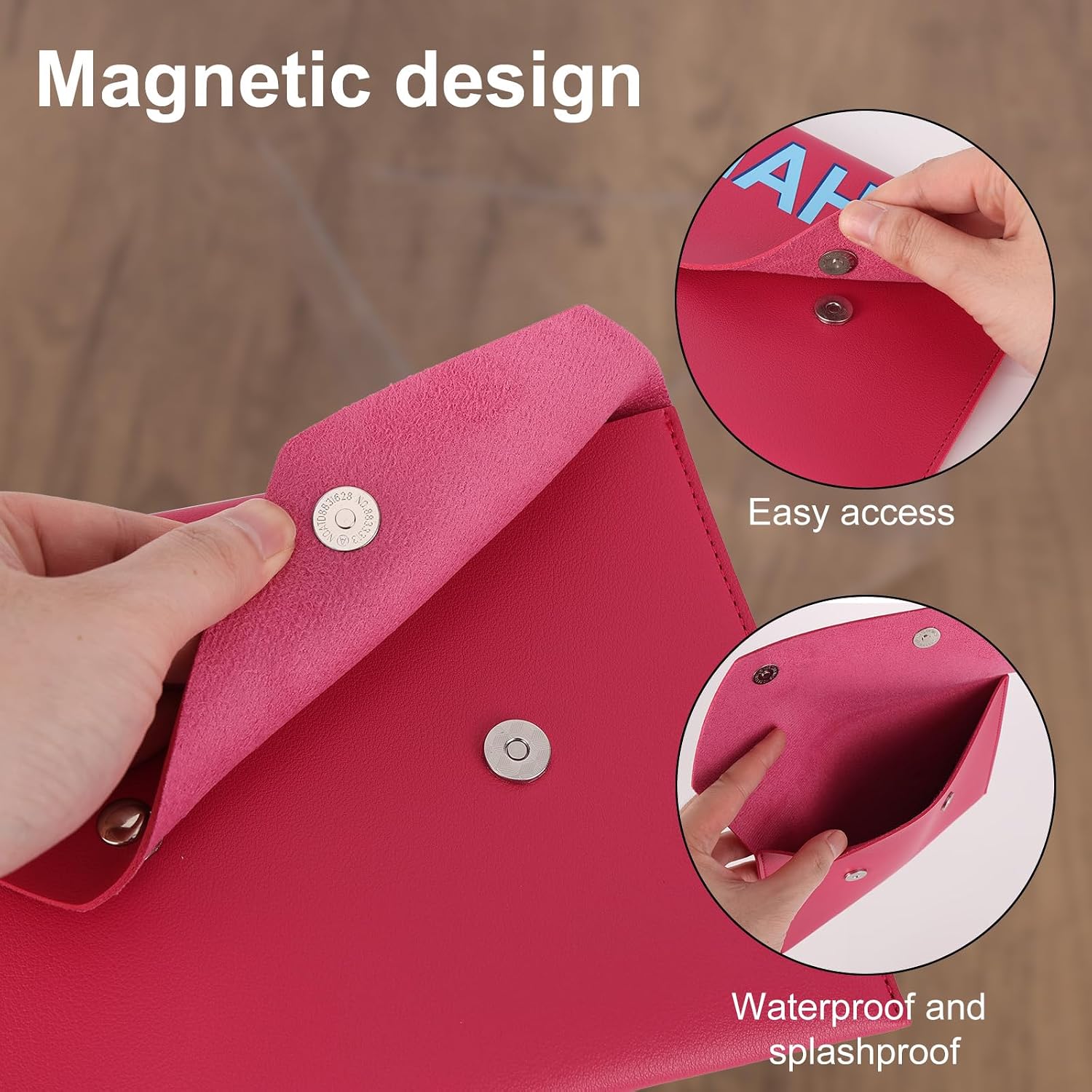 Leather Mahjong Card Holder Pouch, Protective Case Bag with Secure Snap Button & 4 Clear 2025-2026 Large Mahjong Card Sleeve Protector Cover for Game Night Accessory (Bright Pink) image 4