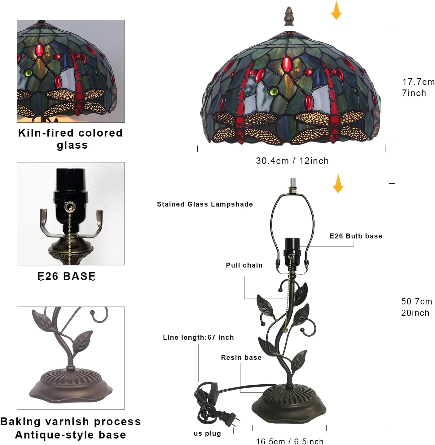Tiffany Table Lamp, Stained Glass Lamp, 12x12x19 Inch, Metal Leaf Base Decor Lamp for Bedroom、Living Room、Home、Office (Red Dragonfly)