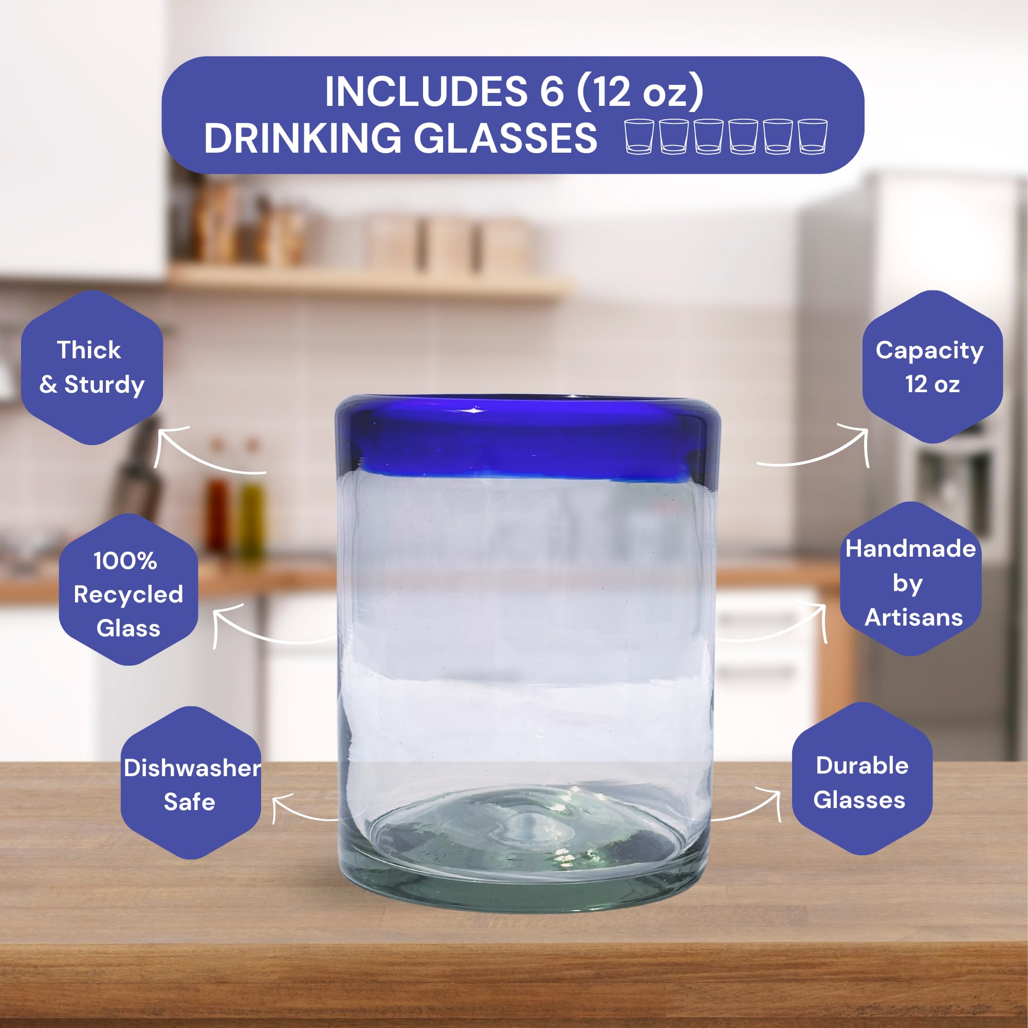 AGAVE'S GLASSWARE Juego de 6 vasos (10 onzas), vasos de cristal con borde azul cobalto, cristalería mexicana, cristalería azul cobalto, vasos de cóctel (borde azul cobalto, 10 onzas)