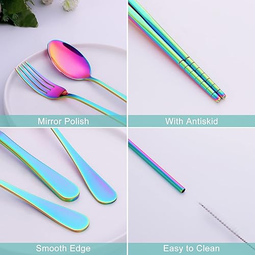 Miniatura 9 de Juego de utensilios de viaje reutilizables con estuche (dorado), juego de cubiertos de viaje, juego de cubiertos portátil de acero inoxidable de 8