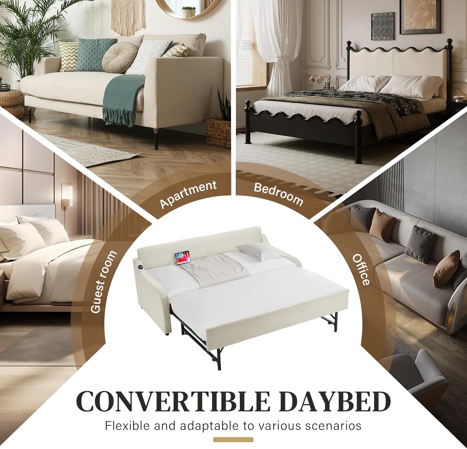 Twin Size Daybed with Pop Up Trundle Bed,w/USB Port,Corduroy Upholstered Day Bed Frame with Twin Roll-Out Trundle,Modern Extendable Twin to King Daybed with Trundle for Living Room,Beige White