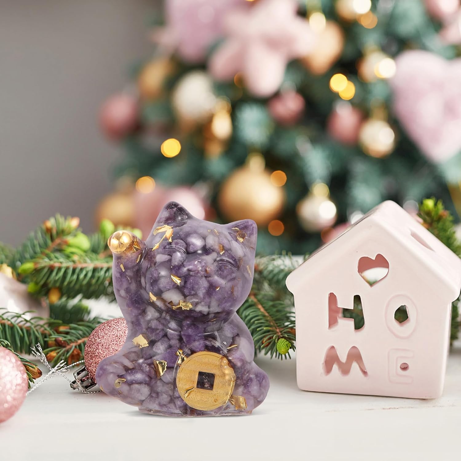 LUOZZY 2pcs Natural Cat Figurine Tabletop Lucky Cat Statue Crystal Kitten Craft Cute Cat Figurine Desktop Decoration Home Office Cat Decor