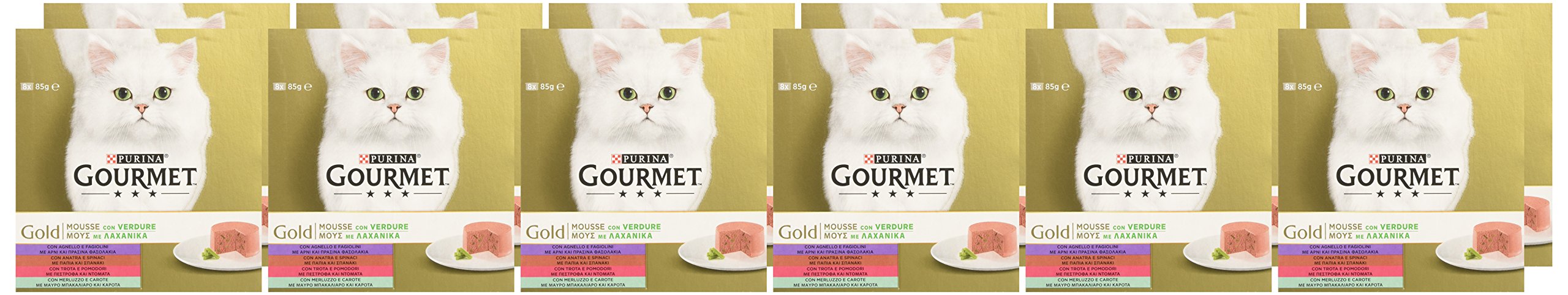 Purina Gourmet Gold-Mousse mit feuchtem Gemüse, Katze, Lamm, Ente, Trot, Kabeljau, 96 Dosen à 85 g