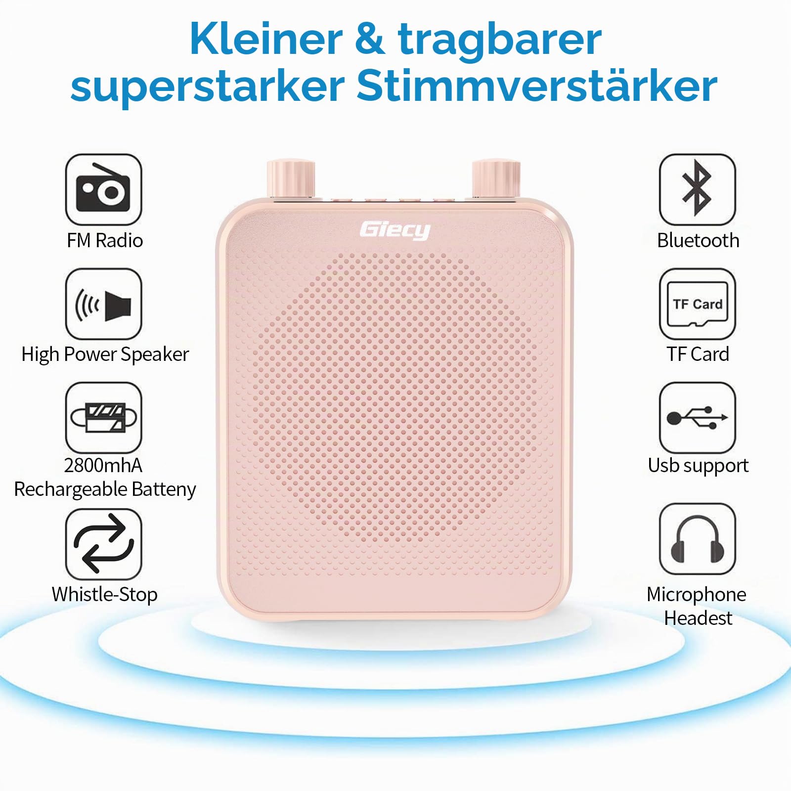 Sprachverstärker tragbar mit 7.4V/2800mAh Lithium Batterie und mikrofon Headset,Wiederaufladbares Mini Stimmverstärker für Trainer Lehrer Reiseführer Tagungen (Roségold)