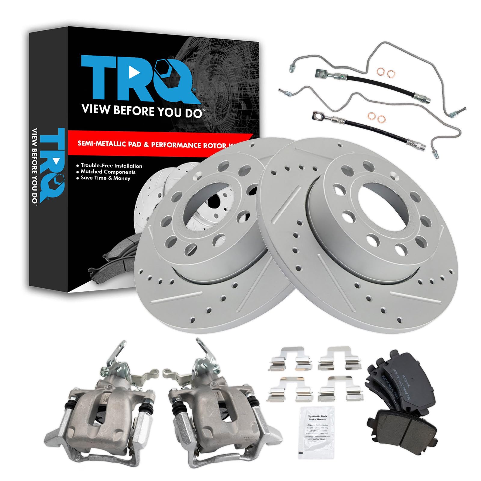 TRQ Performance Rear Brake Pad and Rotor Set Semi Metallic Slotted Drilled 260mm Rotors Calipers Compatible with 2005 Volkswagen Jetta
