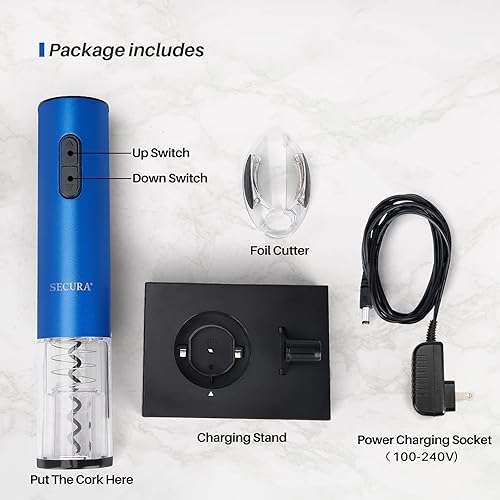 Miniatura 7 de Secura Electric Wine Opener, Automatic Electric Wine Bottle Corkscrew Opener with Foil Cutter, Rechargeable (Blue)