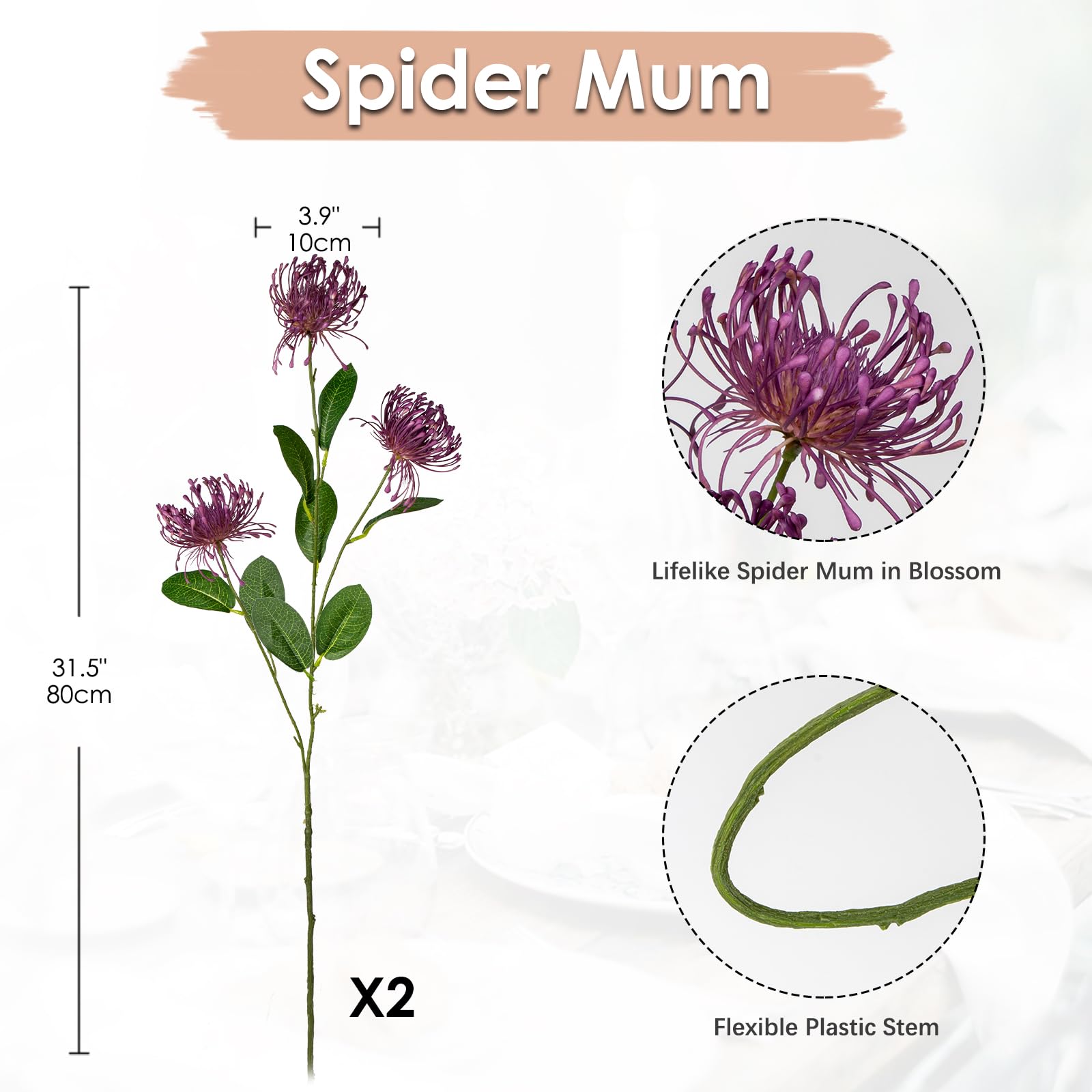 Oairse 4'' Large Artificial Chrysanthemum Flower 6 Flower Head with 84cm Long Stem Purple Fake Flowers Faux Spider Mums Flowers for Spring Summer Decor Wedding Flora Arrangement Bridal Bouquet - Image 2