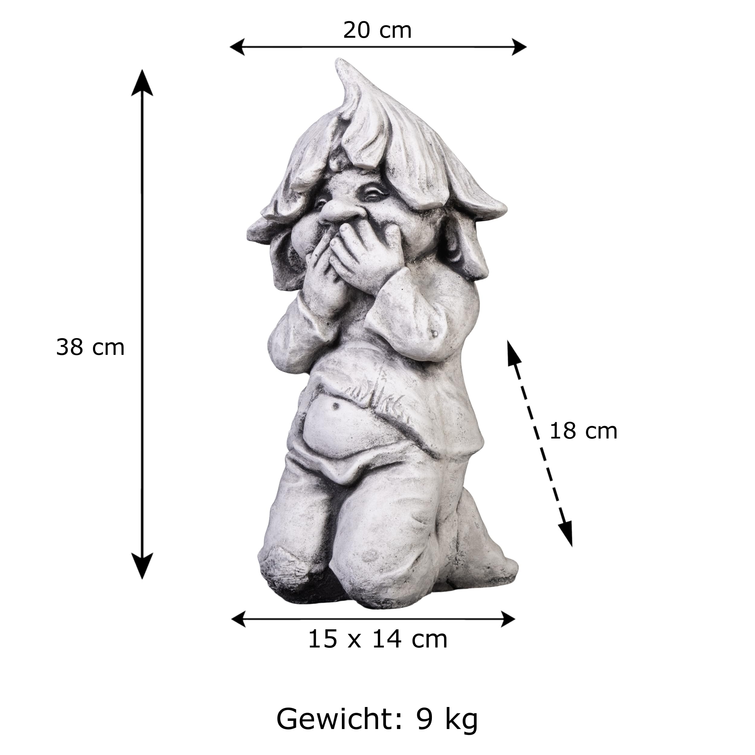 gartendekoparadies.de Gnom als Stiller Beobachter, Steinfigur Wichtel, H. 38 cm, 12 kg, Grau, frostsicher aus Steinguss für Außenbereich