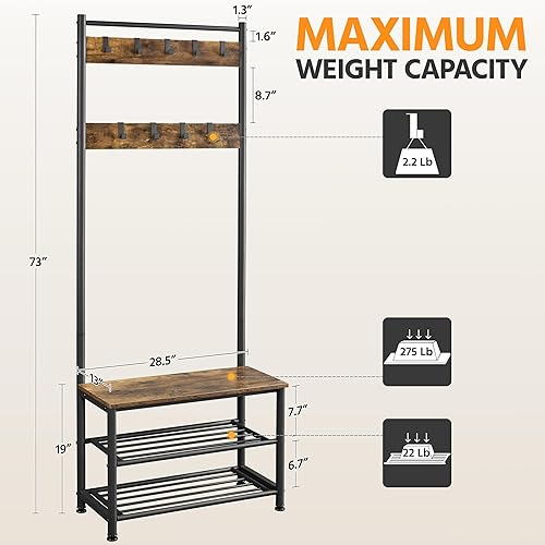 Miniatura 3 de Yaheetech - Perchero, 3 en 1, árbol de pasillo con banco y almacenamiento para zapatos, banco independiente para entrada con perchero, Marrón