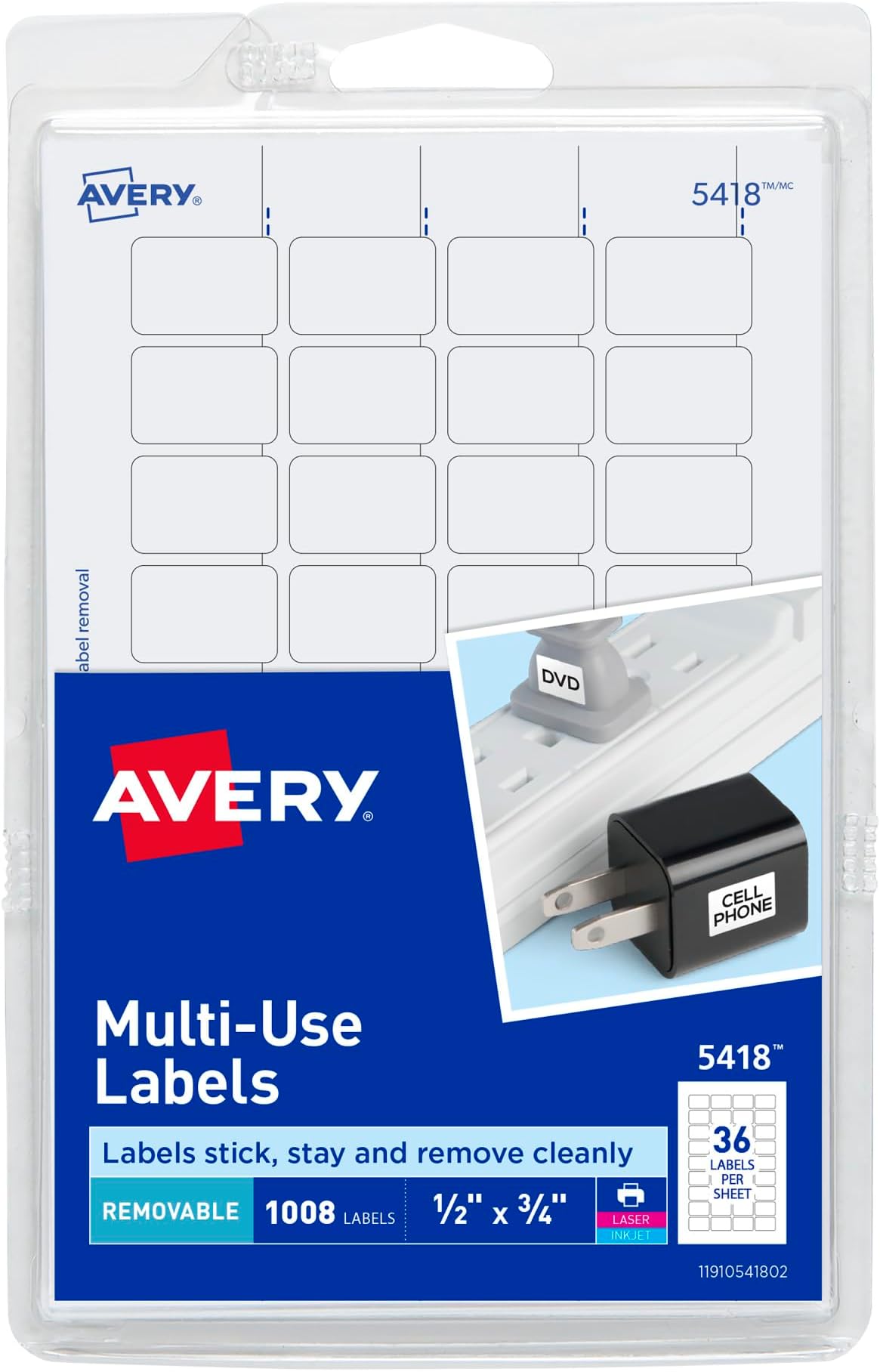 Avery Removable Print or Write Labels, White, 0.5 x 0.75 Inches, Pack of 1008 (5418)