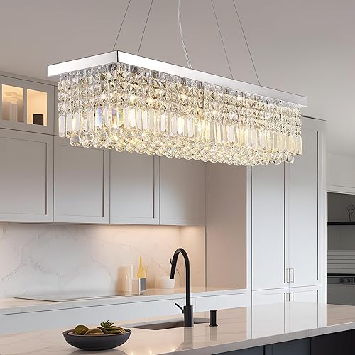 Miniatura 2 de Candelabros modernos de cristal para comedor, cocina, isla, lámpara rectangular de 8 luces para sala de estar, 39.4 pulgadas de largo, acabado Cromo