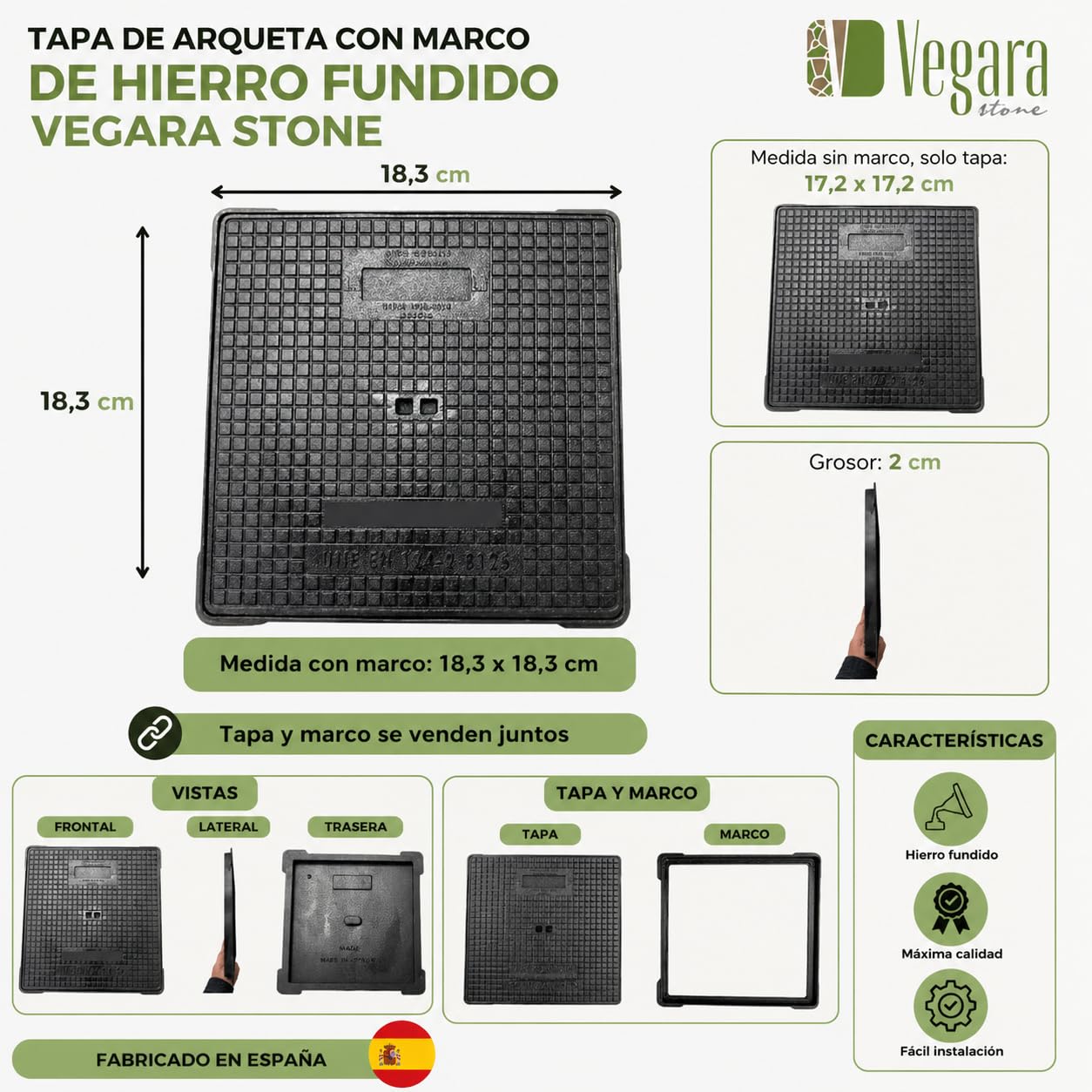 Tapa Arqueta Hierro Fundido 70×70  cm – Clase C250 (Carga máx. 25  toneladas) con Marco, Norma EN124 – Uso Profesional para Vía Pública o Particular