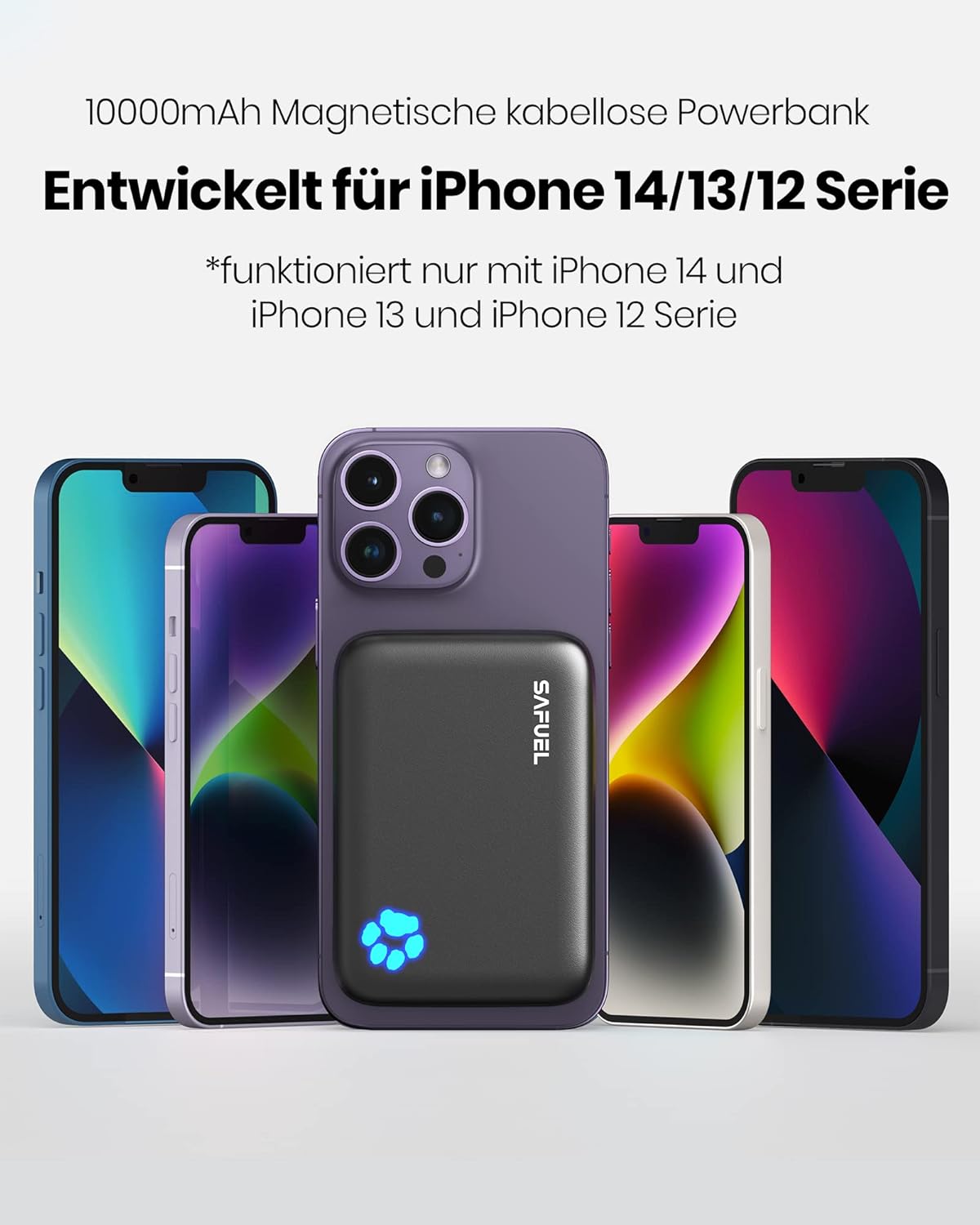 SAFUEL power bank magnetically attached to an iPhone, with various iPhone models (12, 13, 14 series) displayed, indicating compatibility.