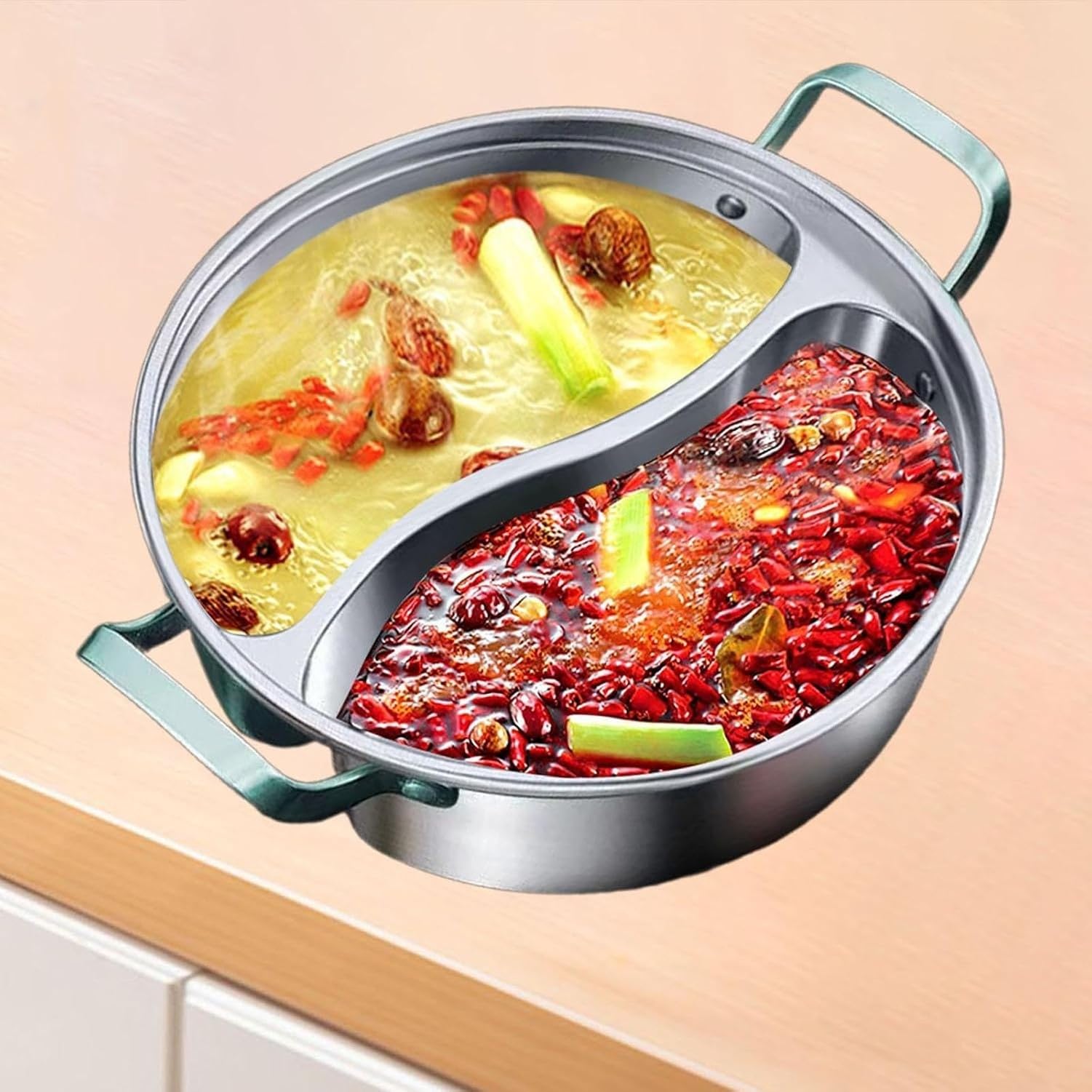 Marmite Shabu Shabu en Acier Inoxydable avec Séparateur pour Repas Partage, Multi-Ustensile de Cuisson, 32cm, 32cm