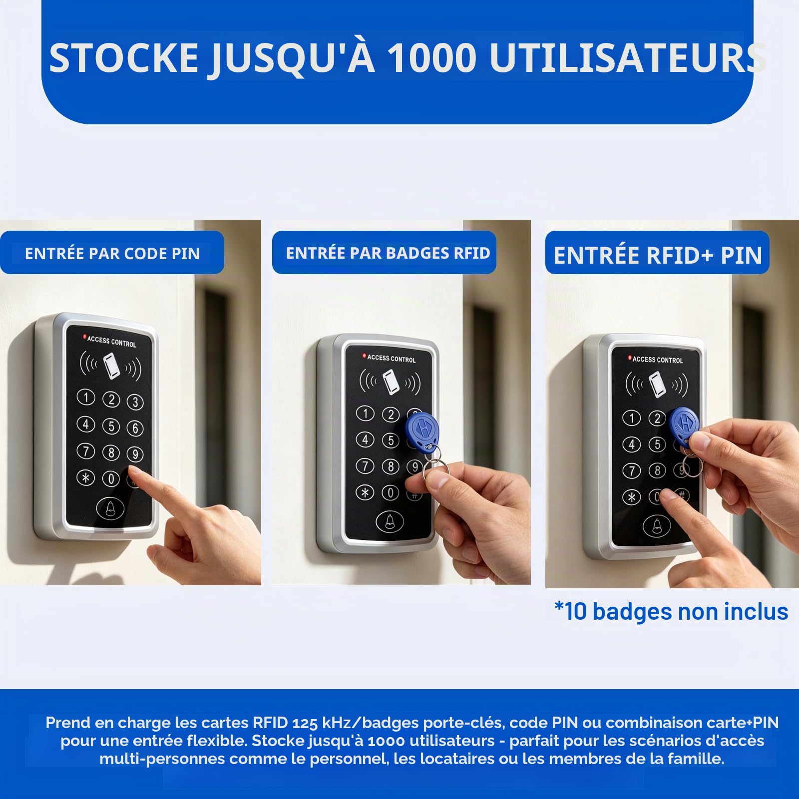 Kit de système de contrôle d'accès autonome avec serrure magnétique de 180 kg/350 lb, alimentation 12V 3A, bouton de sortie et 10 porte-clés RFID 125 kHz pour le contrôle d'accès du système de