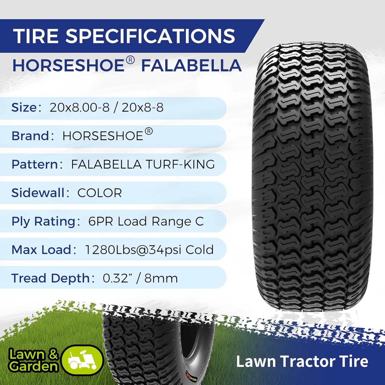 HORSESHOE FALABELLA TURF-KING 2-New 20x8.00-8 / 20x8-8 6PR Lawn Mower Tires w/Deeper Tread for Better Traction & Longer Wear, LRC Heavy Duty, Color-Sidewall, 2-Year Warranty