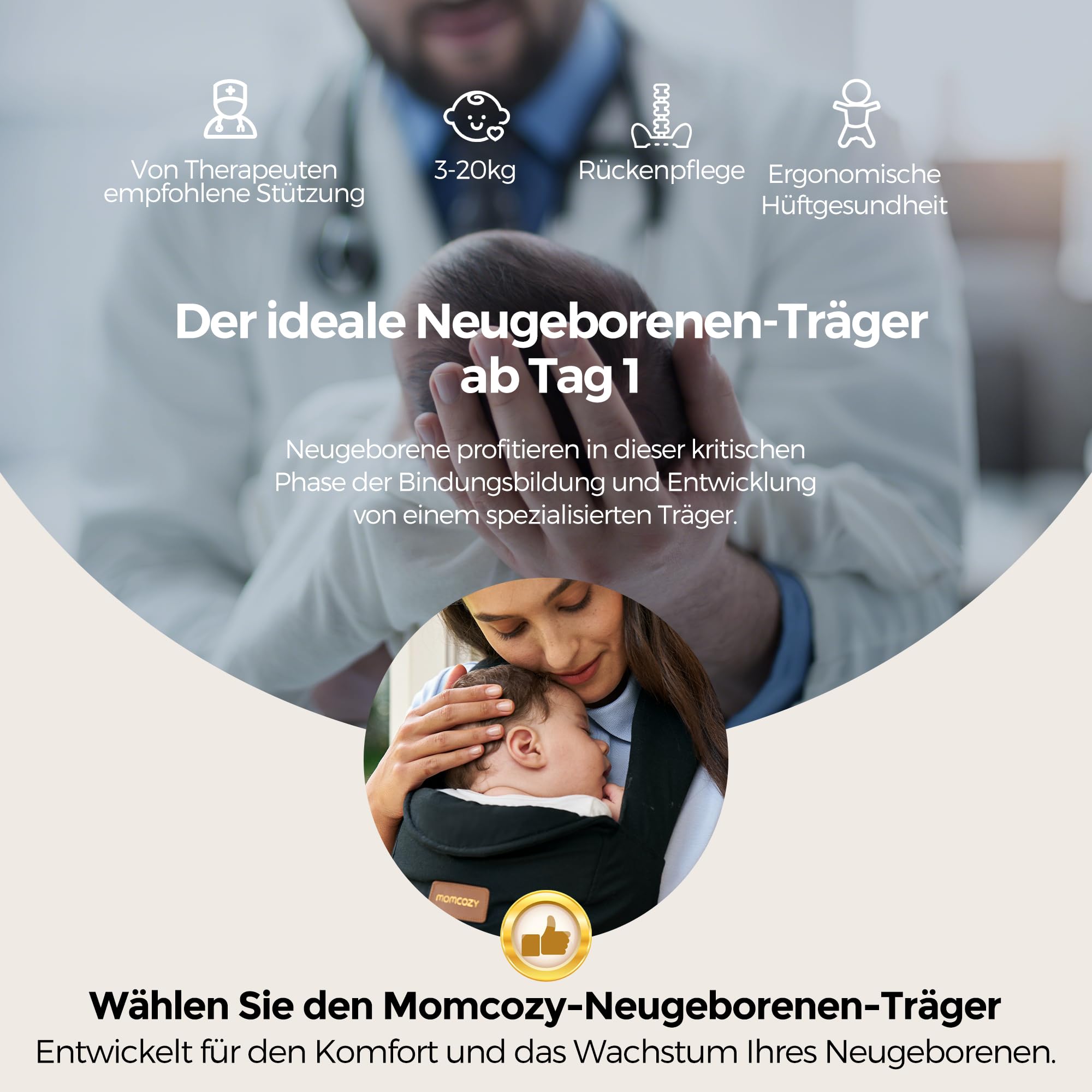 Momcozy Babytrage Neugeborene ab Geburt | Ergonomische Tragehilfe mit Nackenstütze | Leicht & sicher (3-11 kg),Schwarz
