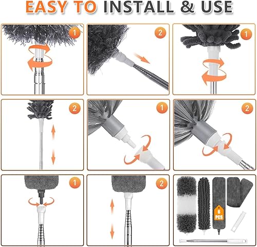 Miniatura 9 de Plumero de microfibra, 6 plumeros lavables y flexibles con poste telescópico de 100 pulgadas, limpiador de telaraña para ventiladores de techo,