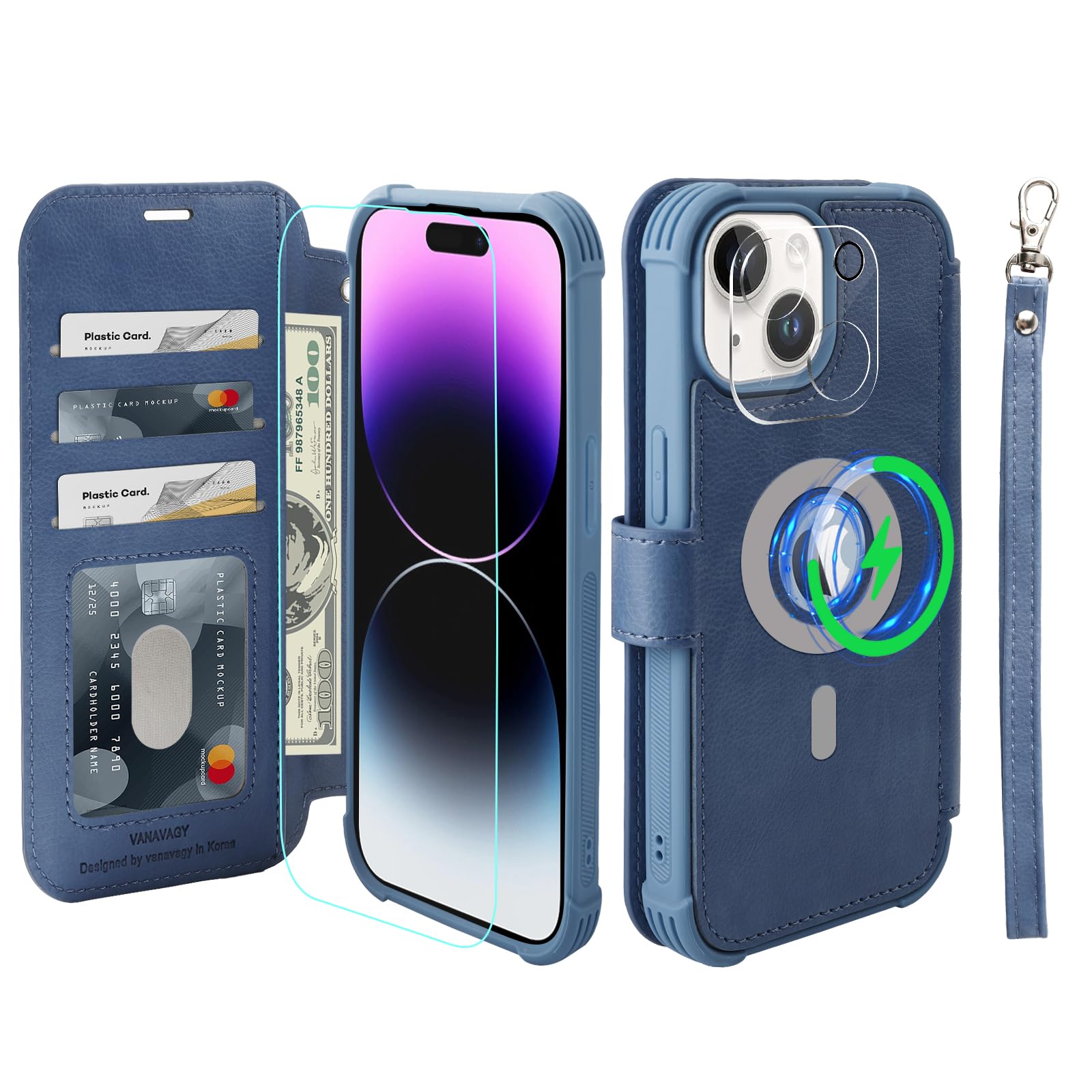 VANAVAGY Compatible for iPhone 15 Plus/iPhone 14 Plus Wallet Case for Magsafe Wireless Charging,Leather Flip[Glass Screen Protectors & Camera Lens Protectors] with RFID Block Card Holder,Blue