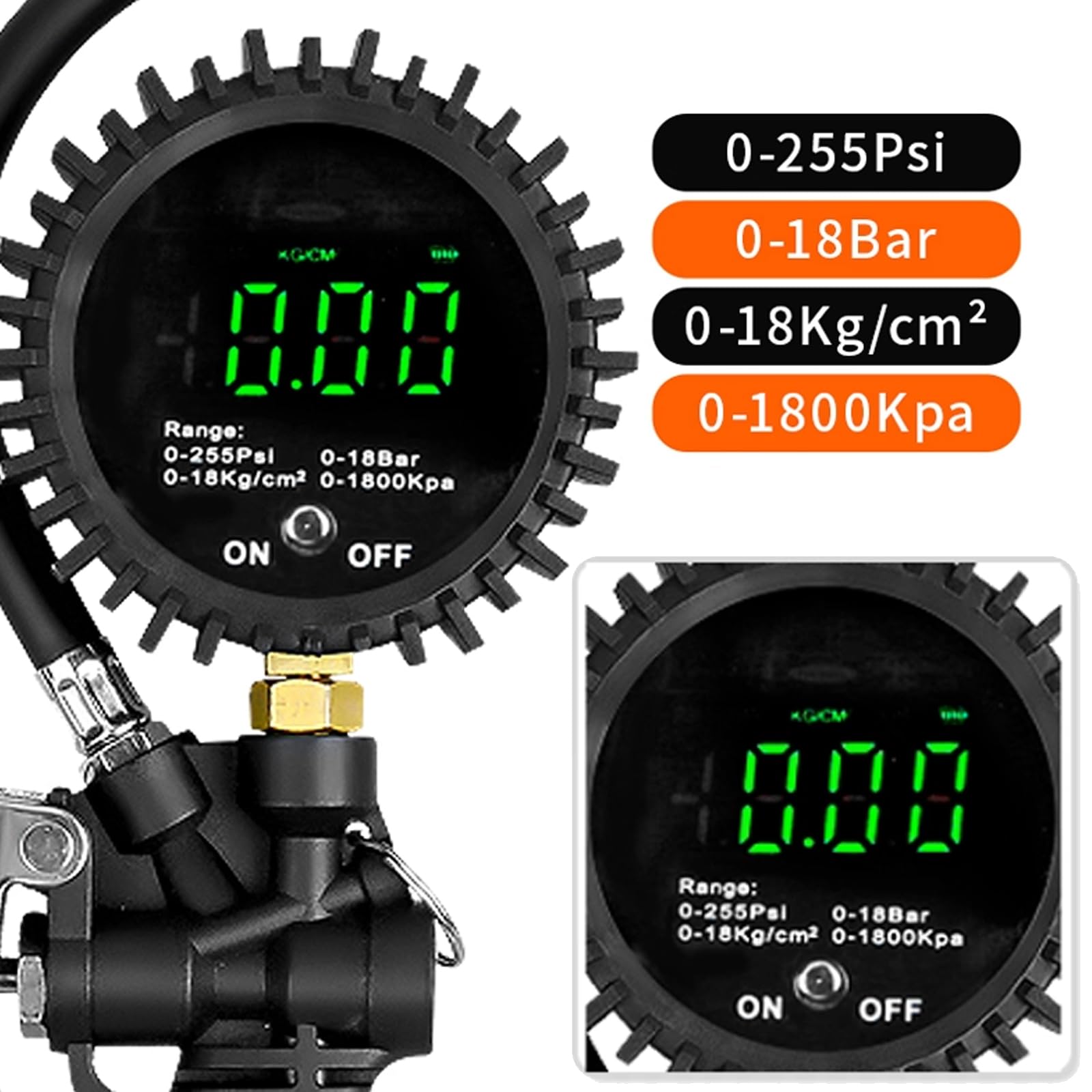 Integrierte Digitale Reifendruckprüfpistole, 0–255PSI, 0–18 Bar, Auto Luftpumpe mit Entleerungsfunktion, 4 Messeinheiten Umschaltbar