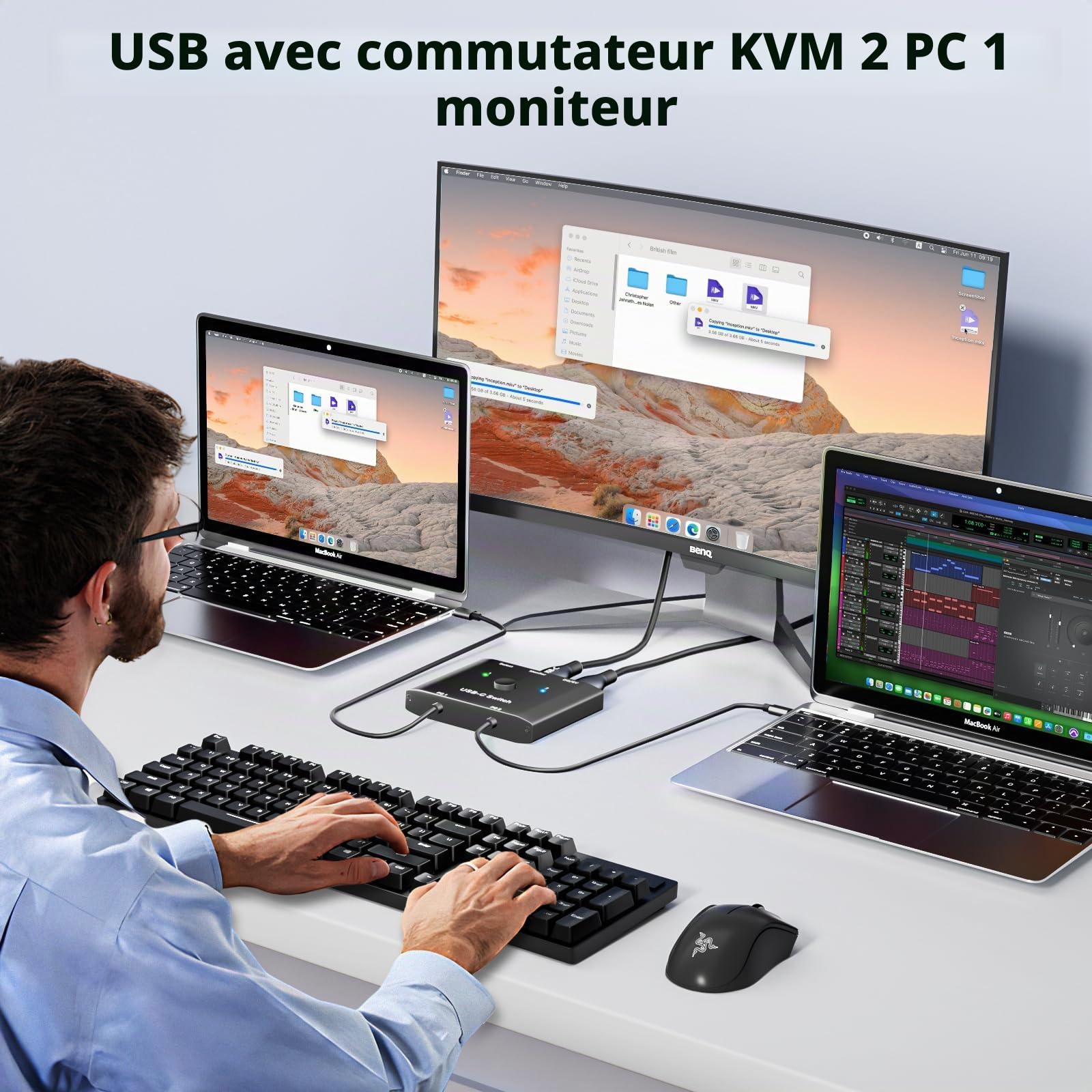 USB C Switch 2 in 1 out, KVM Switch USB-C for 2 Laptops 1 Monitor, 4K@120Hz, 10Gbps, 100W PD, USB3.1 Gen 2, Wired Remote(4K USBC 2 in 1 out KVM)