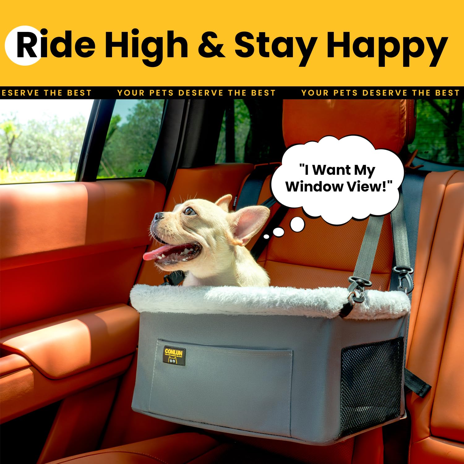 Conlun Dog Car Seat Booster for Small Pet Under 20lbs, Portable Travel Puppy Car Seat with Internal Steel Frame, Comfort Cushion & Storage Pockets, Adjustable Straps Fit Most Cars, Grey - image 7