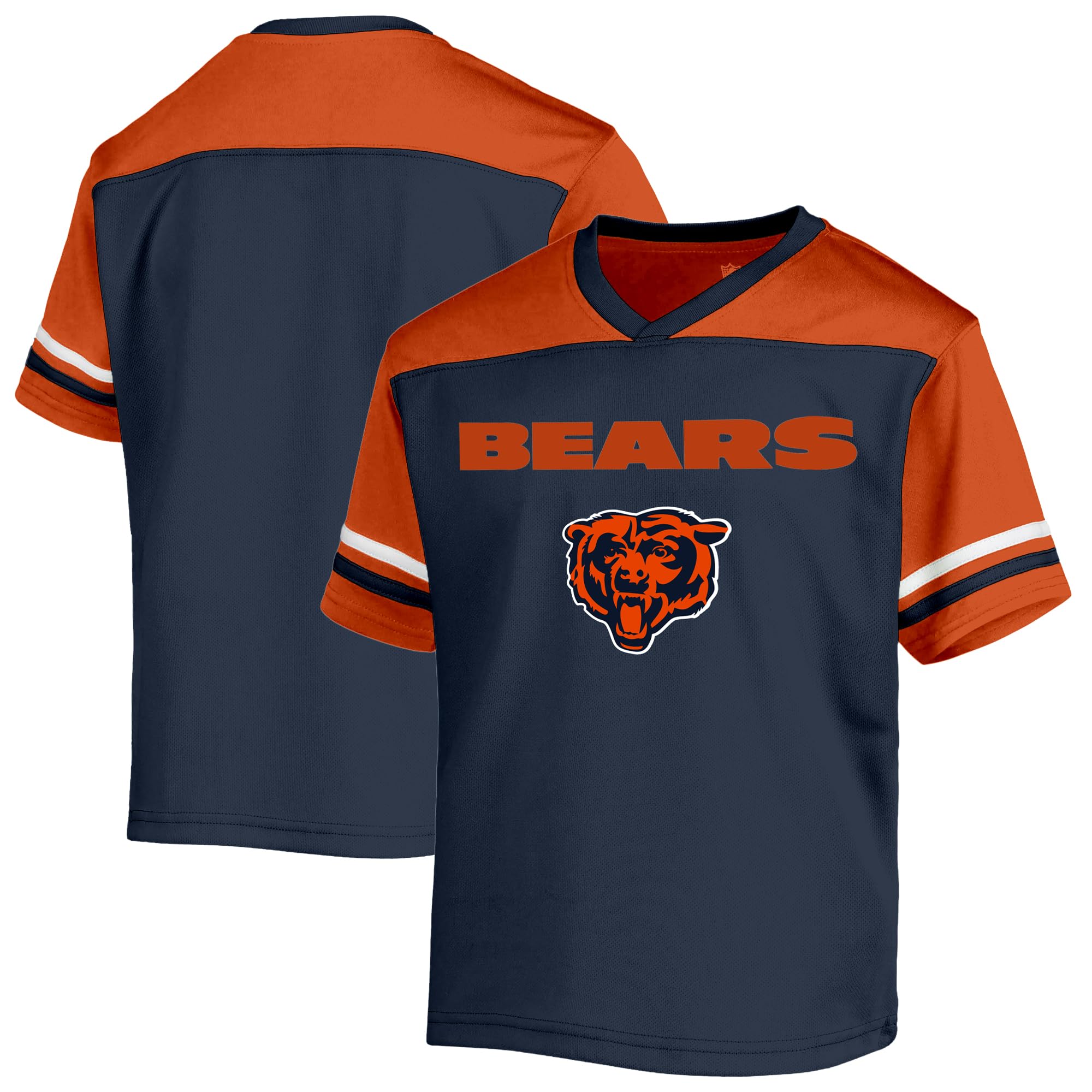 NFL Kids Youth 8-20 Officially Licensed Team Color Wordmark Primary Logo Victory Stripe V-Neck Jersey T-Shirt