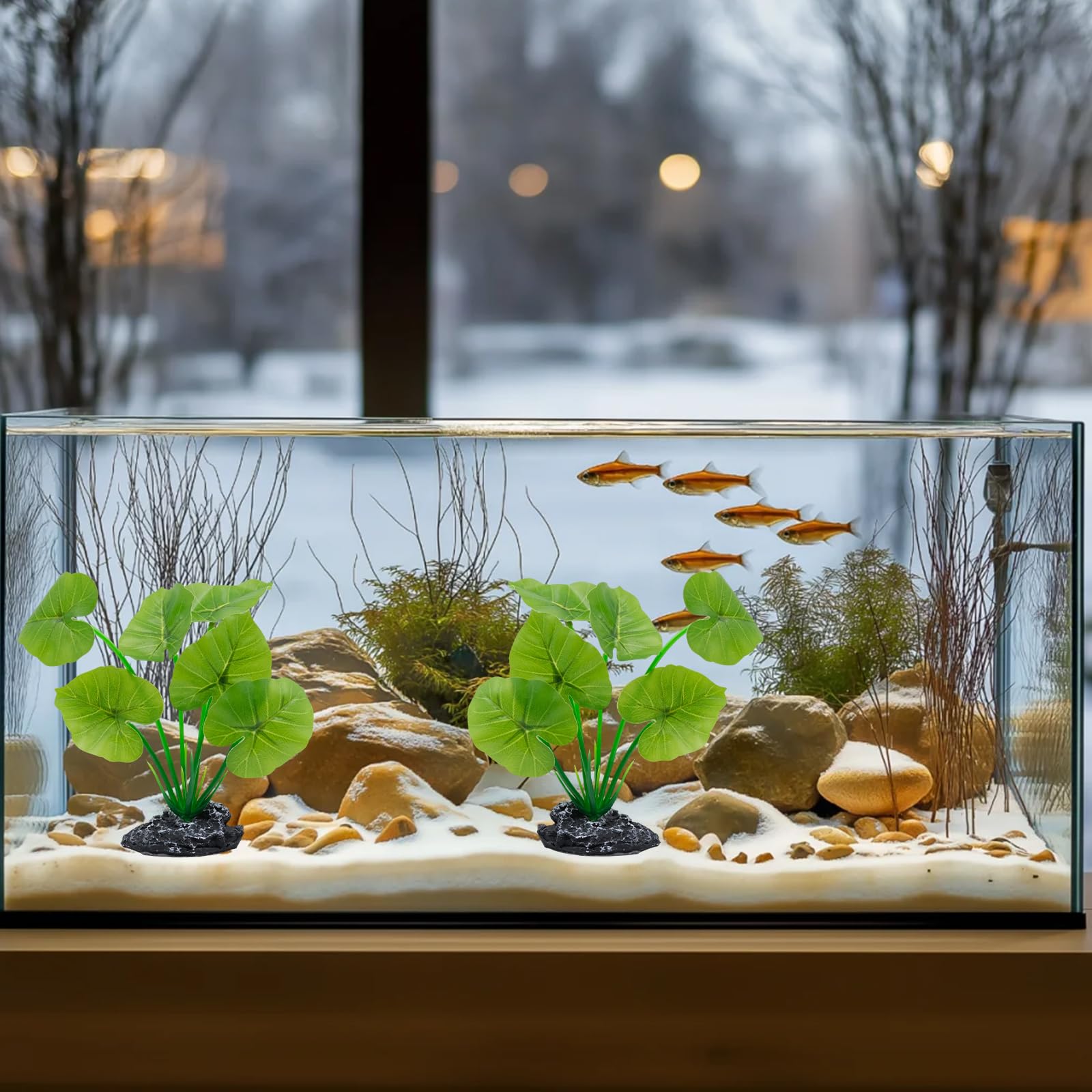 Plante artificielle décorative pour aquarium et terrarium, aspect bois flotté, avec socle en résine solide et feuilles en plastique flexibles, cachette, brise-vue et structure pour petits aquariums et