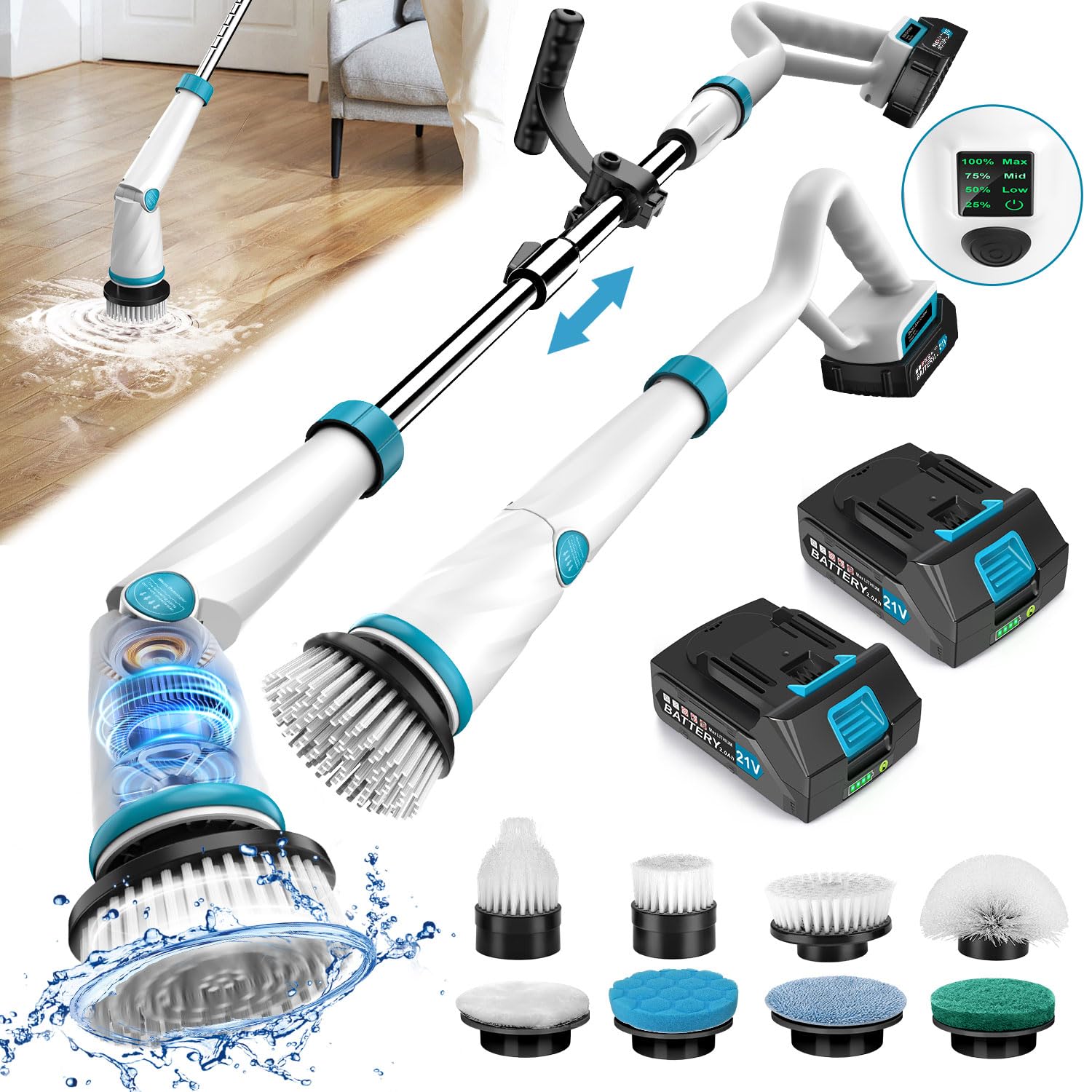 1500RPM Electric Spin Scrubber 8 Brush Heads Electric Scrubber for Cleaning Shower Scrubber with Long Handle and Two