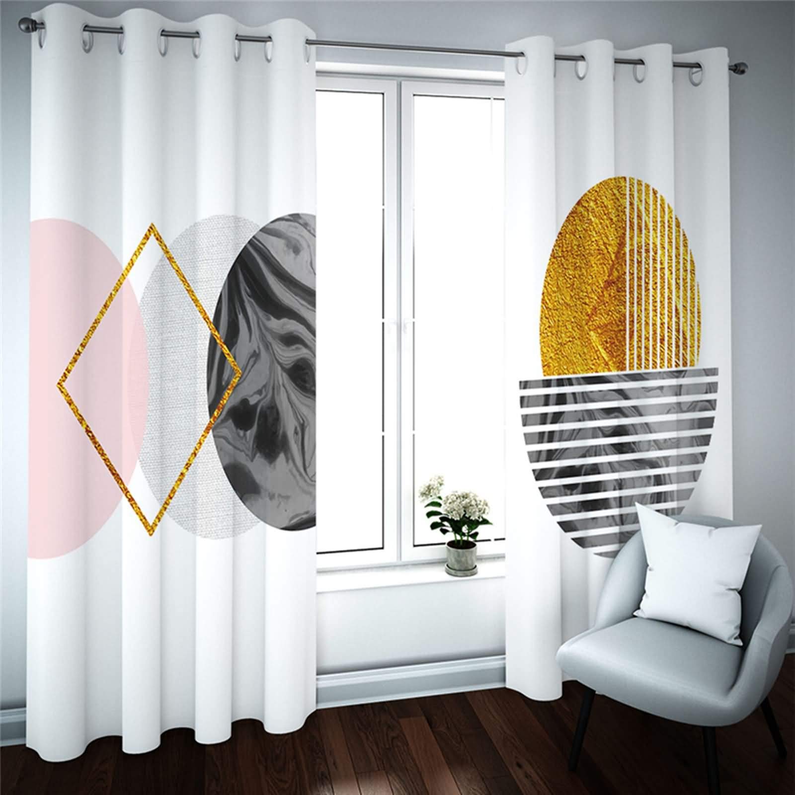 Lot de 2 Rideaux Rideau Voilage Occultant,2 x 132W x 160H CM,Rideaux Occultant et Thermique Blanc Gris Rose Géométrique Rideau à Oeillets